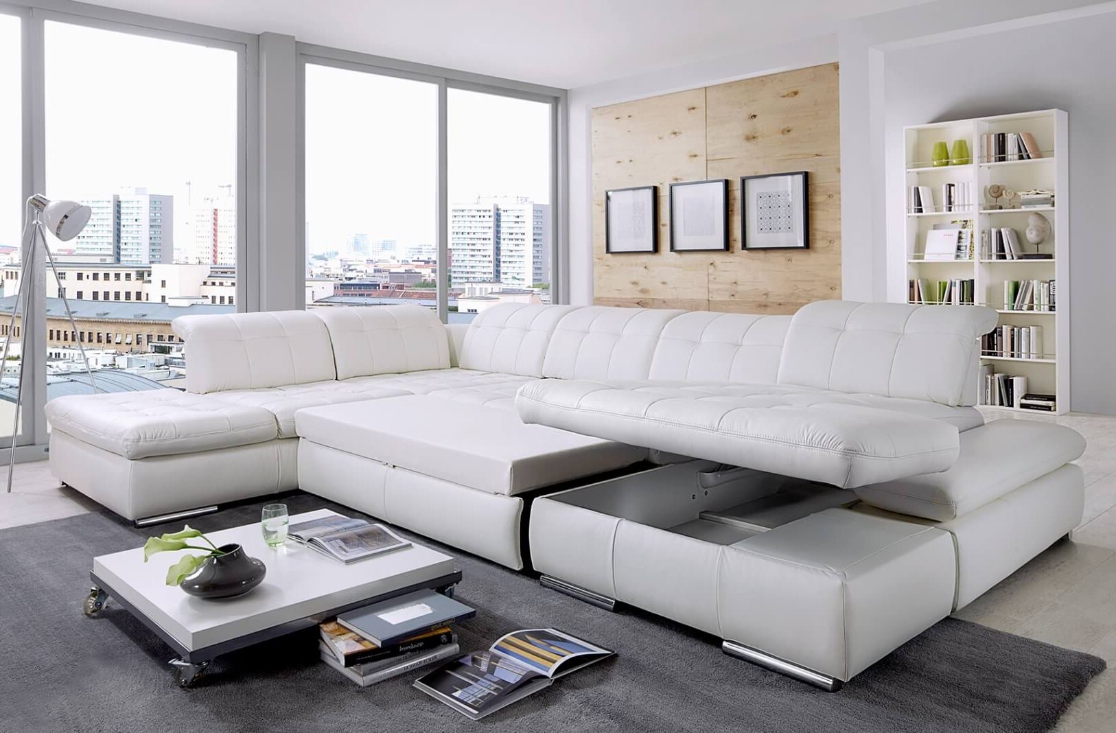 Alpine Leather U-Shaped Sectional Sofa with Sleeper & Storage, Left Facing Armless Chair