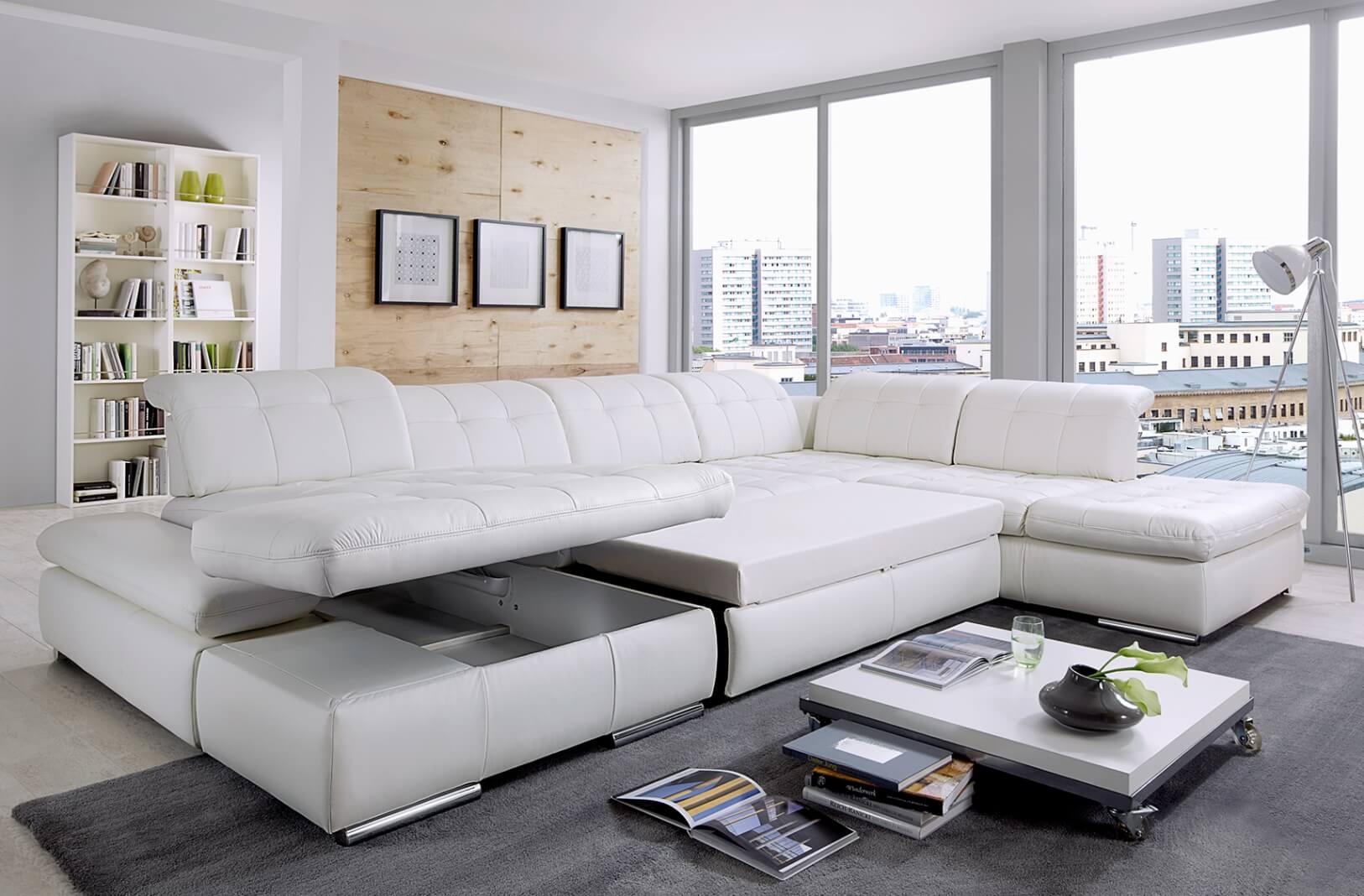 Alpine Leather U-Shaped Sectional Sofa with Sleeper & Storage, Right Facing Armless Chair