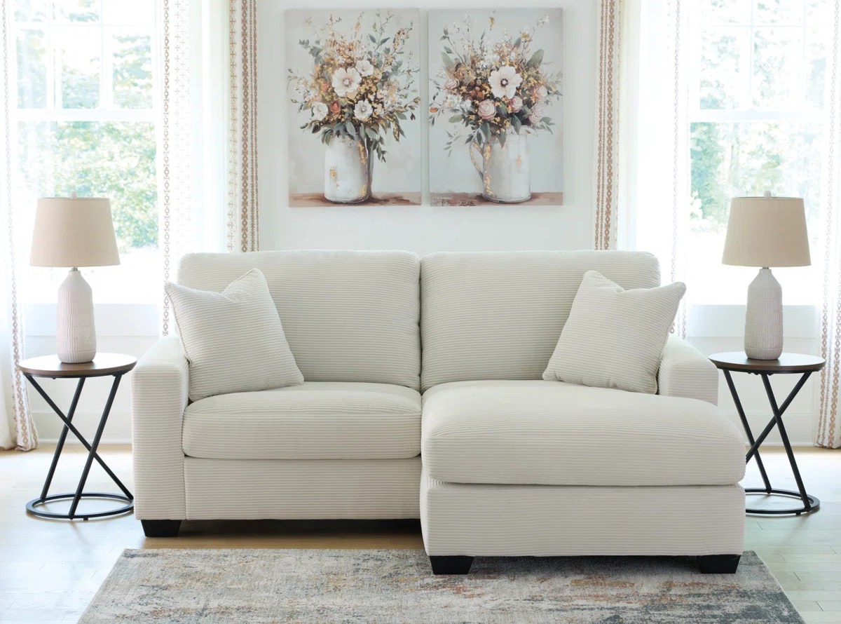Greenbriar Fabric Sofa with Chaise in Ivory | Nuvella Performance