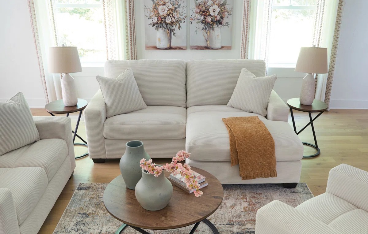 Greenbriar Fabric Sofa with Chaise in Ivory | Nuvella Performance