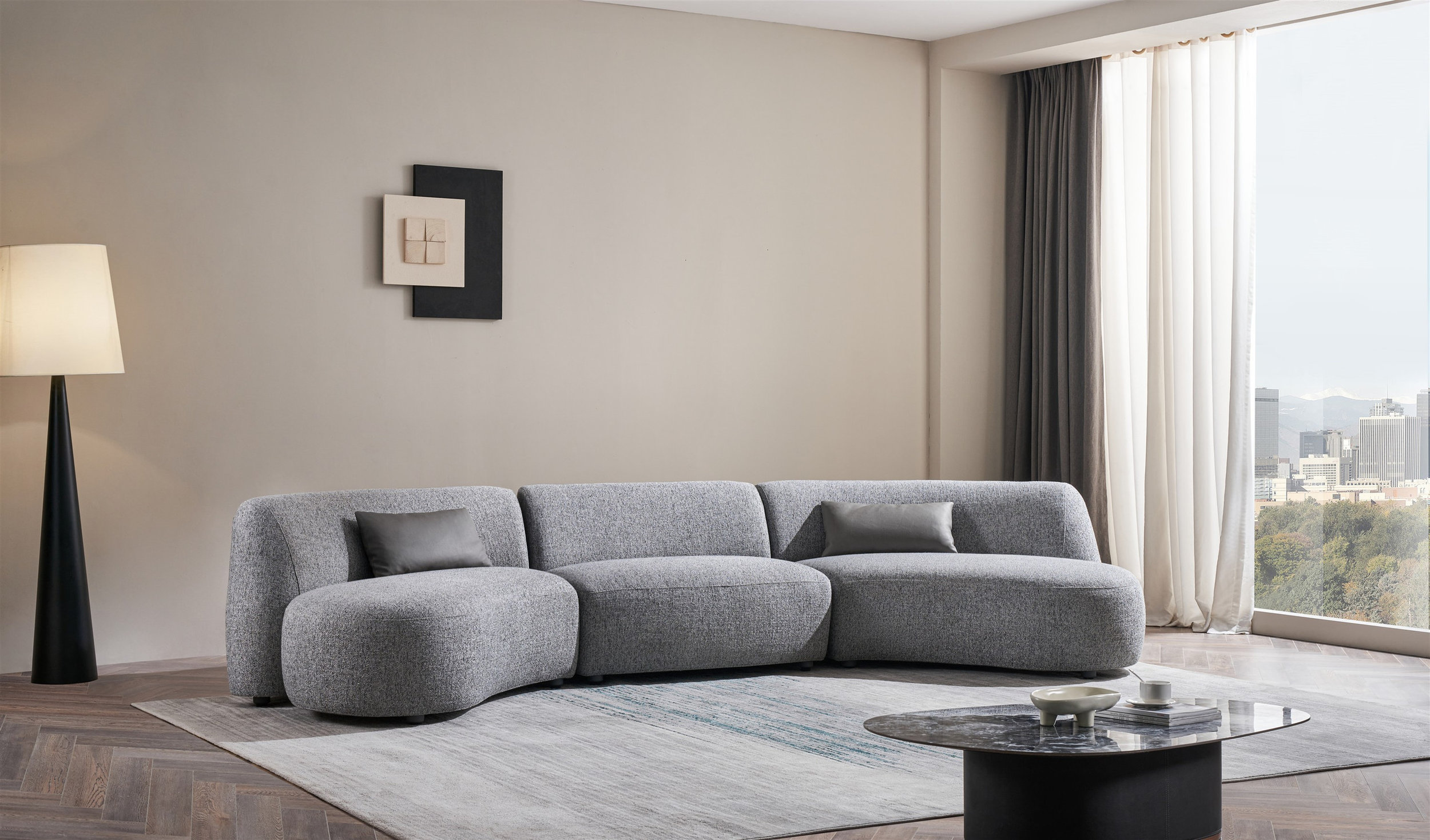207 Curved Fabric 3-Piece Sectional with Double Chaise