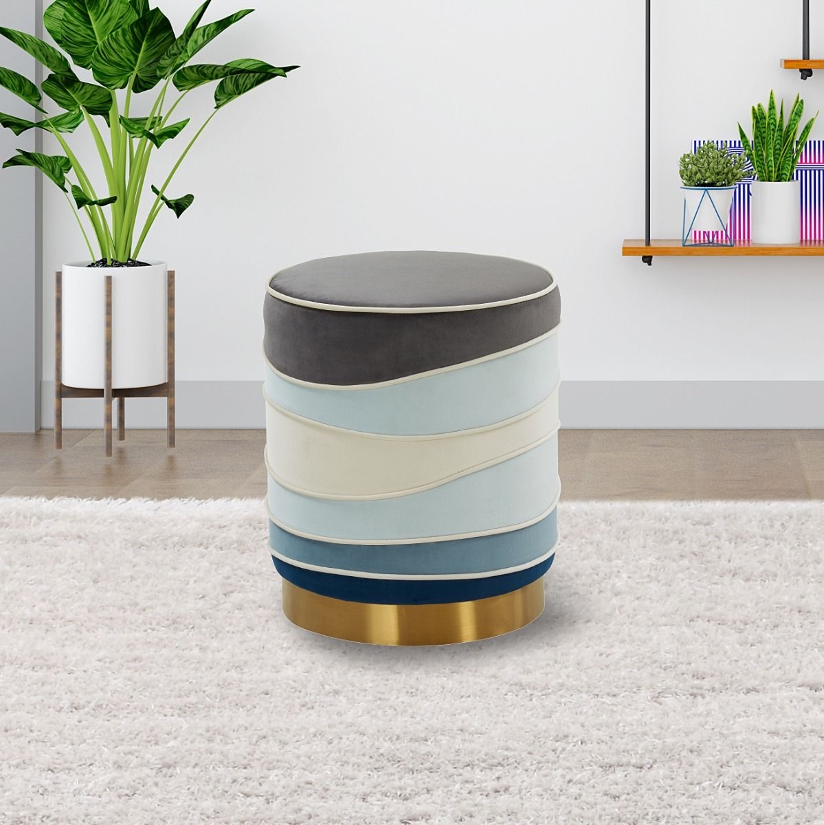 Almon Round Multi Colored Velvet Ottoman