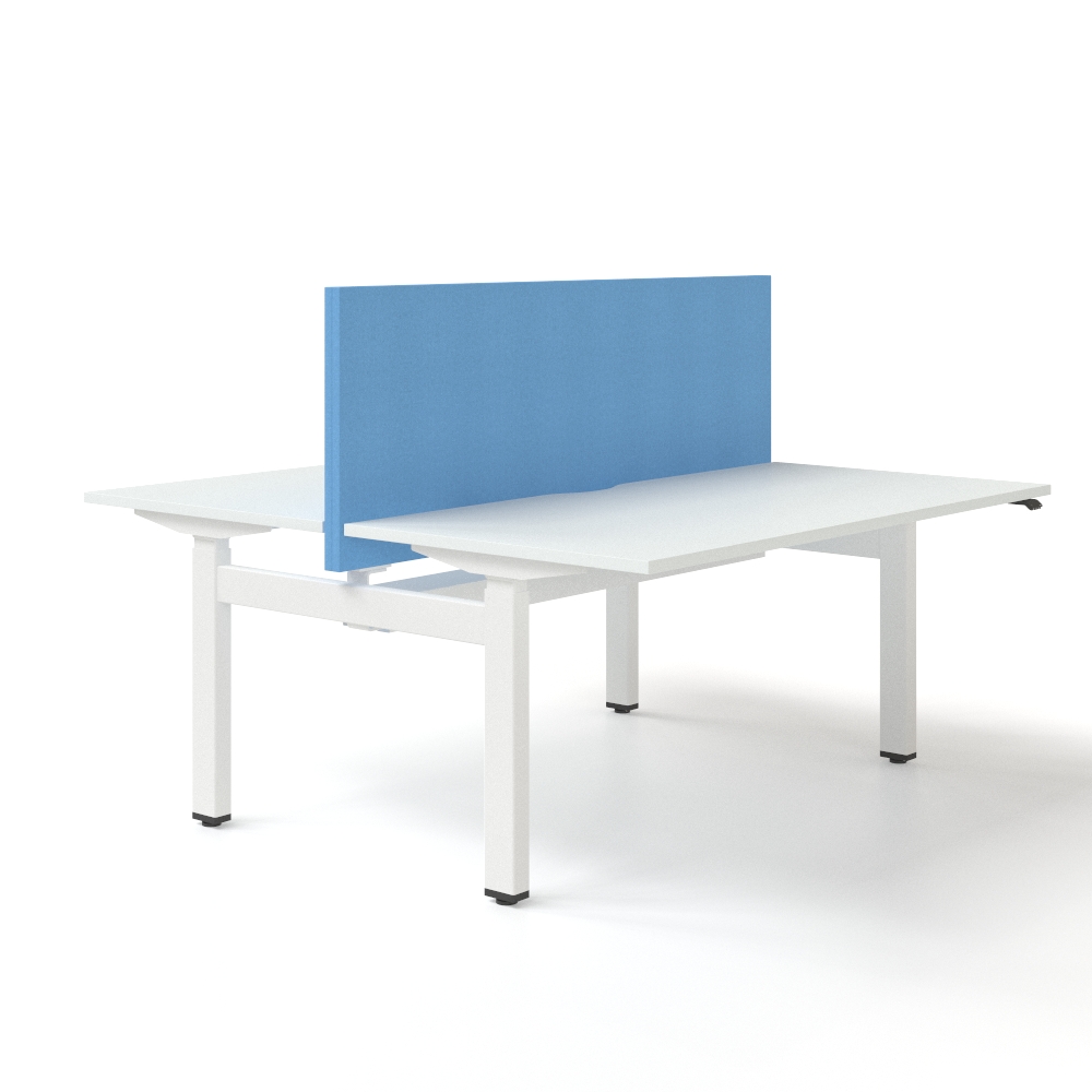 Motion Electric Height Adjustable Office 2-Desk Bench w/Open Metal Leg, Panel Leg & 2 Grommets, 3 Level Columns