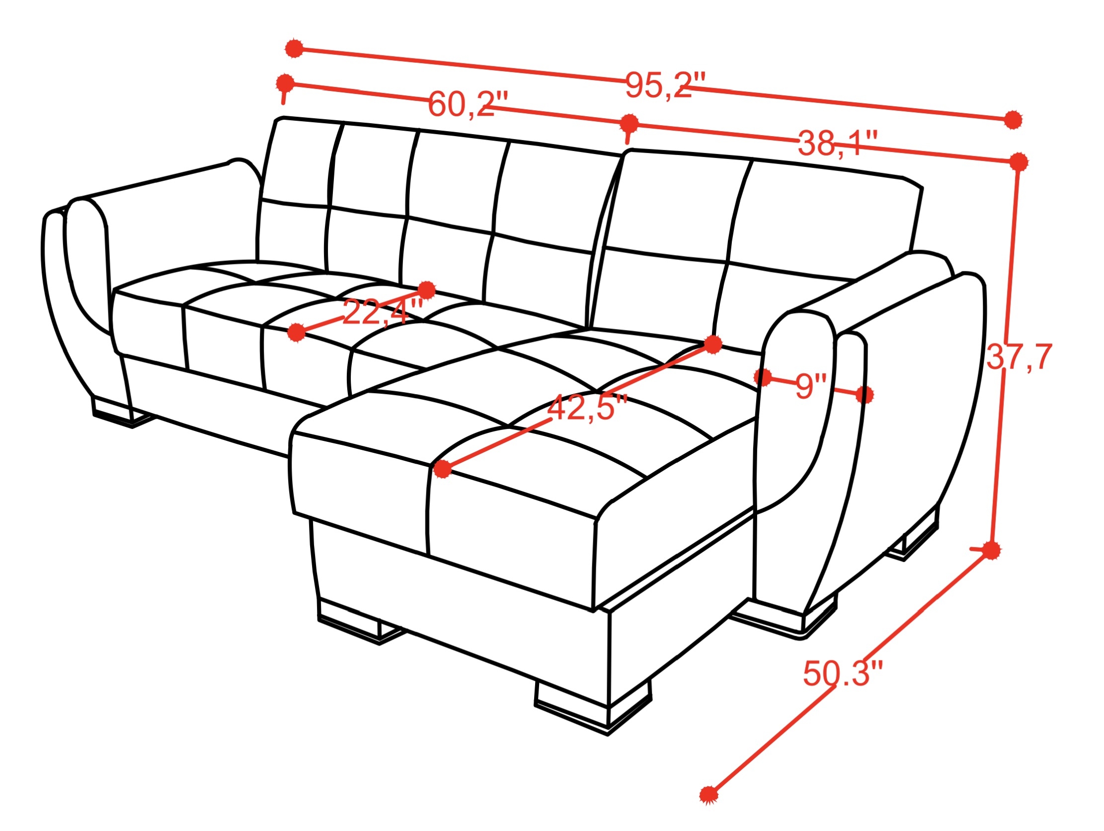 SM Armada Air Fabric/PU Reversible Chaise Sleeper Sectional Sofa with Storage