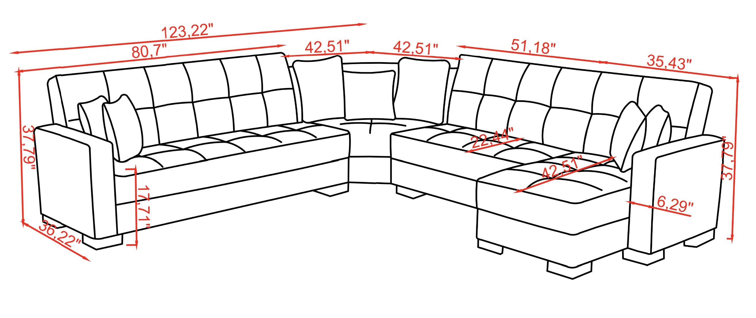 SM Armada PU Reversible L-Shape Sleeper Storage Sectional Sofa with Chaise
