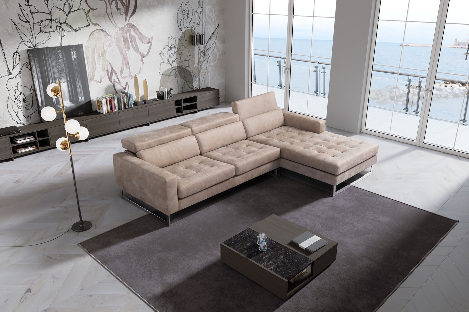 Wohnlandschaft Schlafsofa AGNESA Stoff Salvador Hellbeige Ottomane Rechts