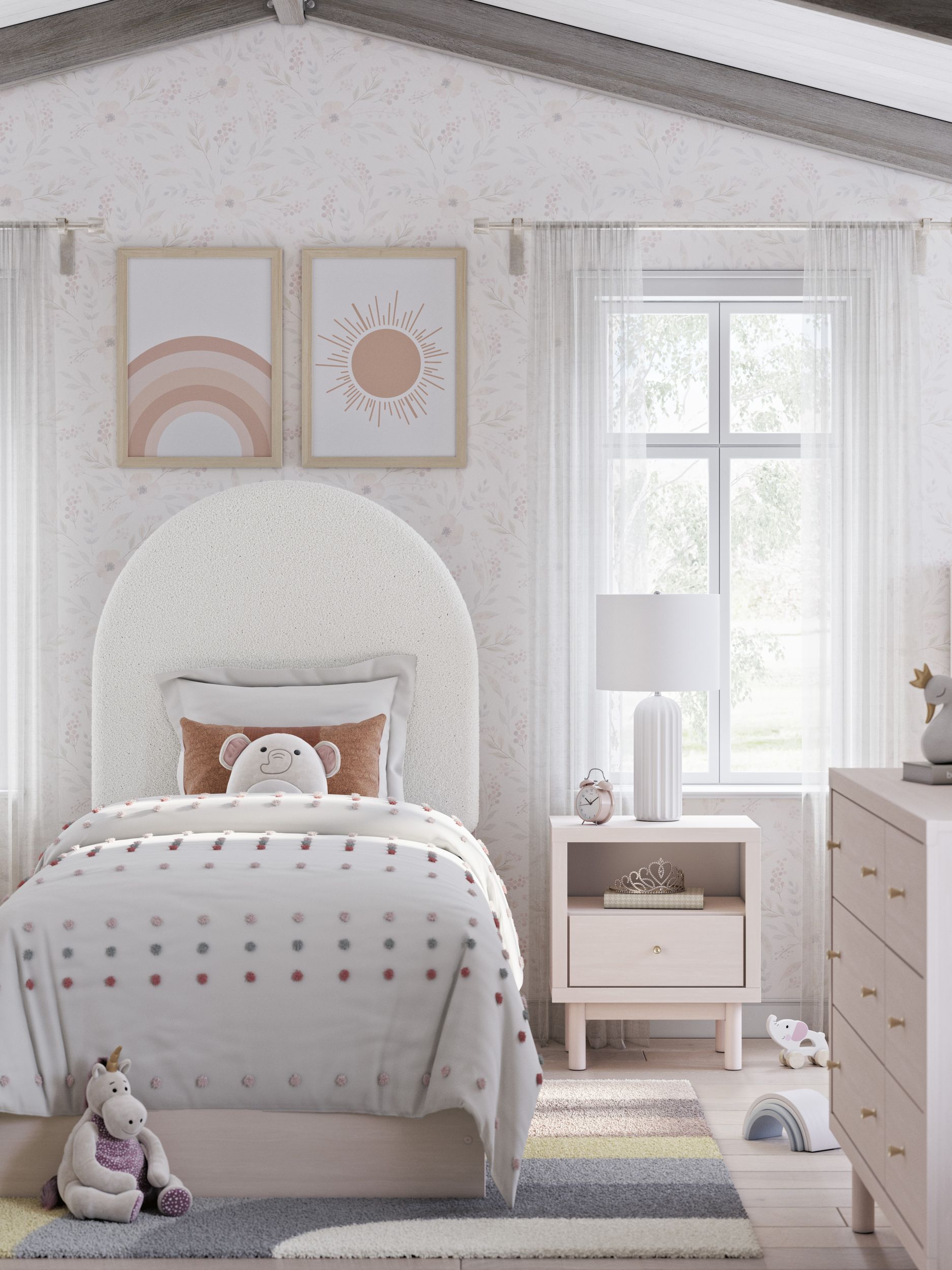 Wistenpine Fabric/MDF Upholstered Panel Storage Kid's Bedroom Set w/2 Drawers
