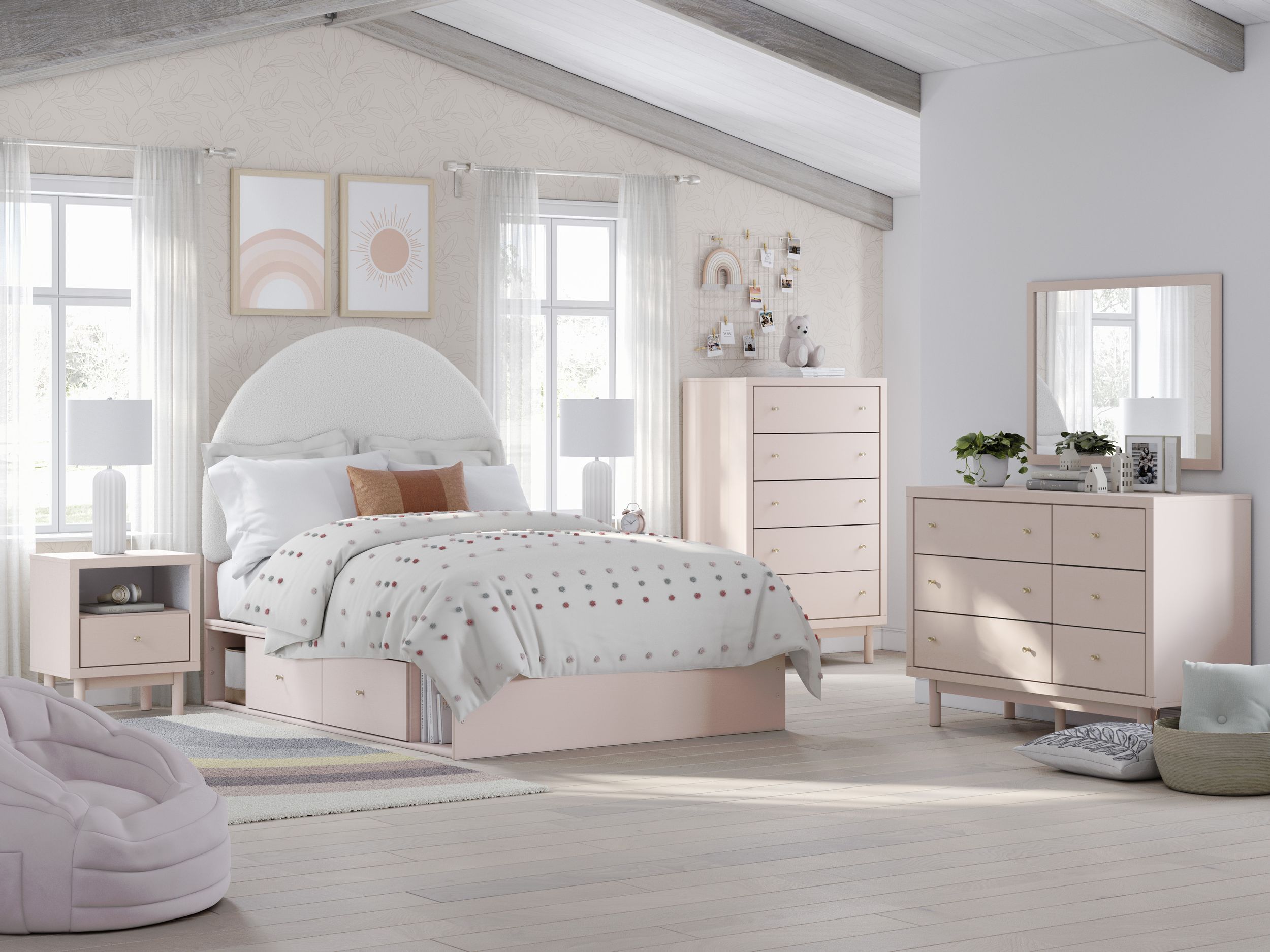 Wistenpine Fabric/MDF Upholstered Panel Storage Kid's Bedroom Set w/2 Drawers