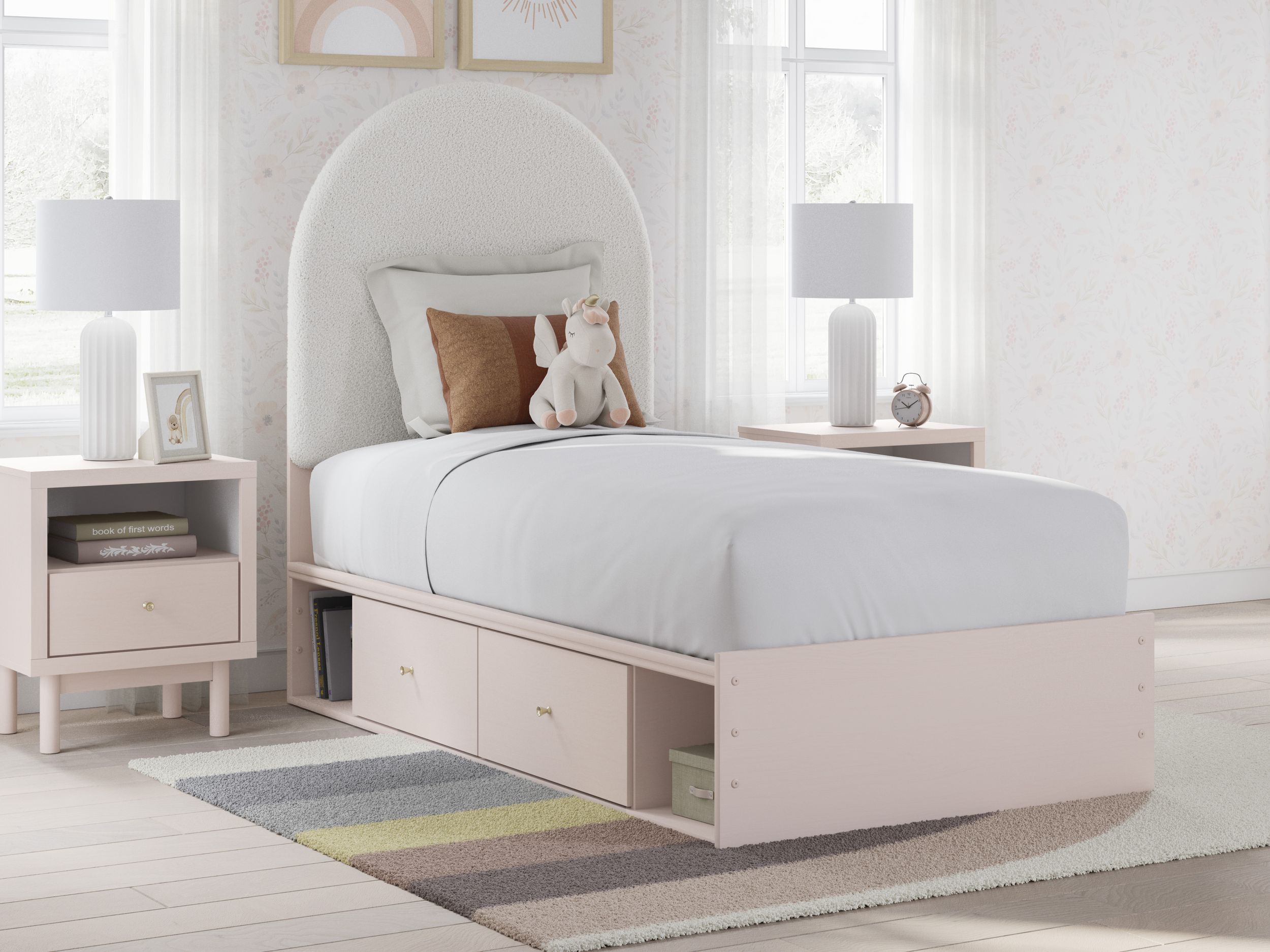 Wistenpine Fabric/MDF Upholstered Panel Storage Kid's Bed w/4 Drawers