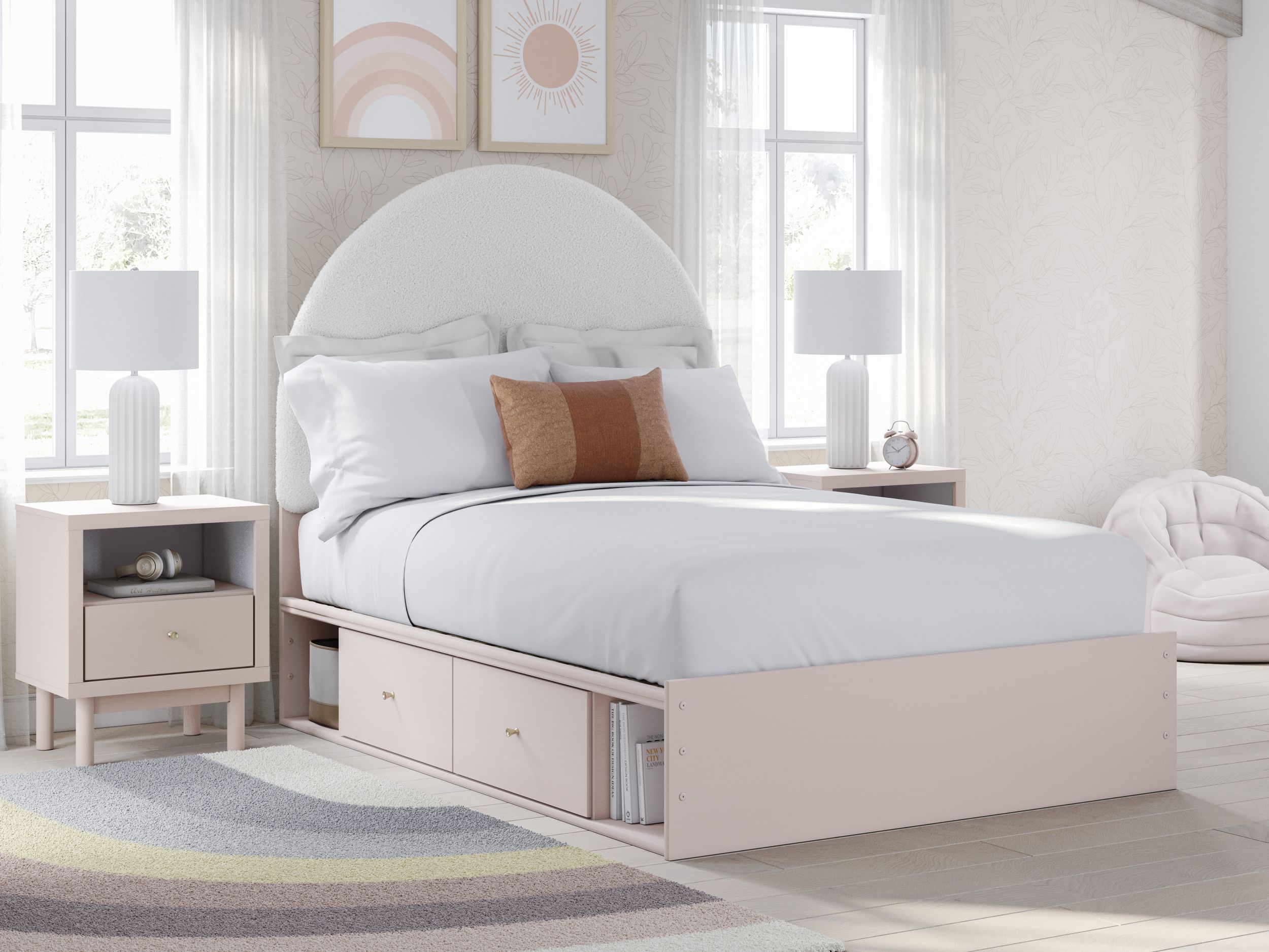 Wistenpine Fabric/MDF Upholstered Panel Storage Kid's Bed w/2 Drawers, Full Size