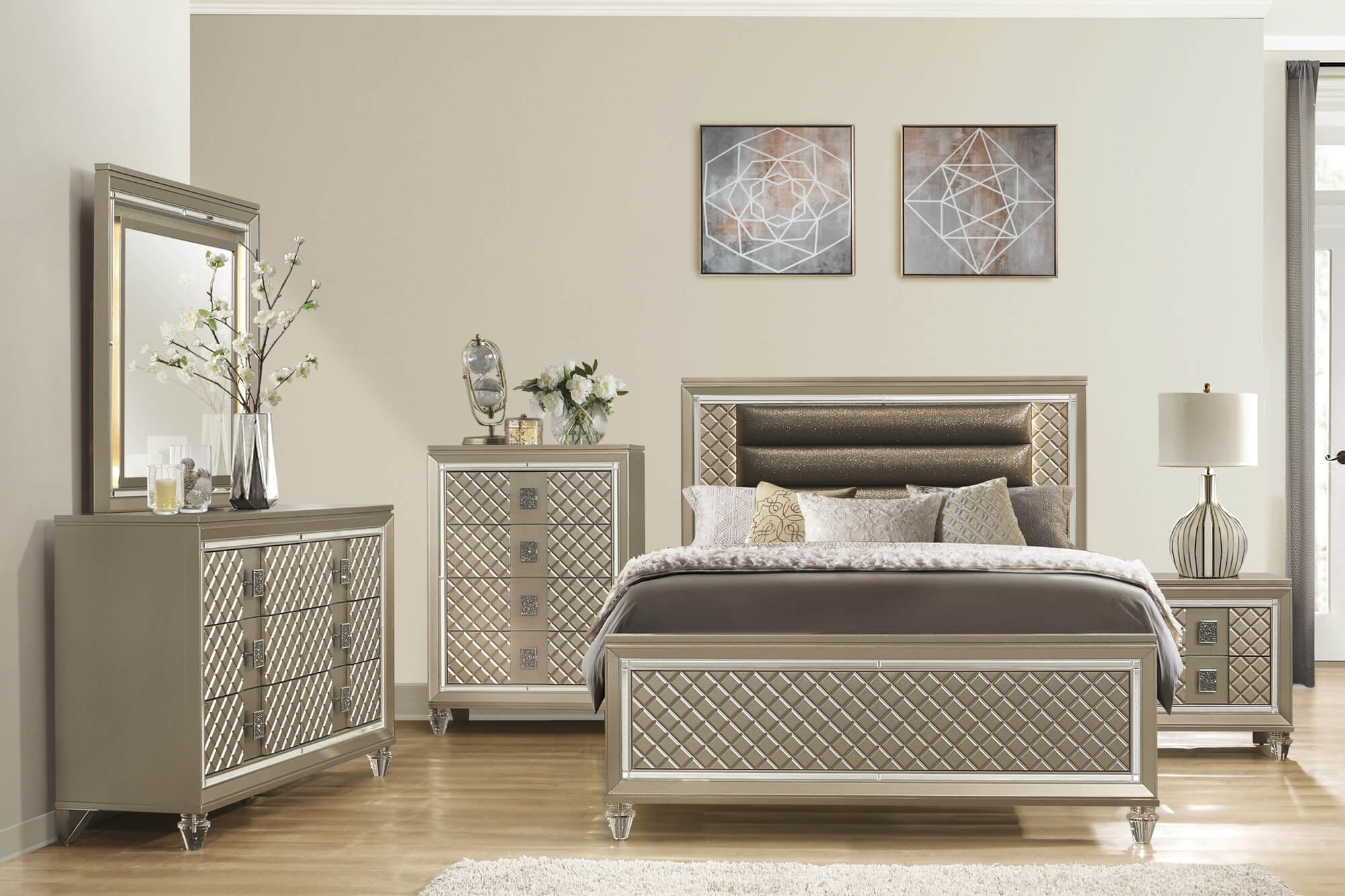 Loudon Leatherette/Mirrored/Wood Platform Bed w/ LED Lighting, Twin Size