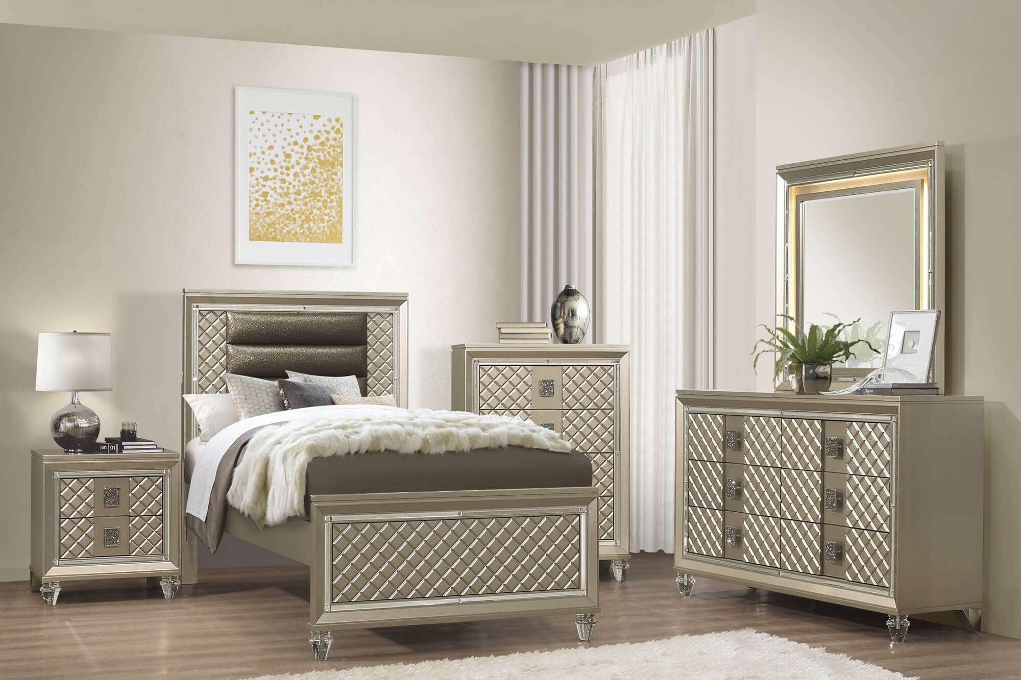 Loudon Leatherette/Mirrored/Wood Platform Bed w/ LED Lighting, Twin Size
