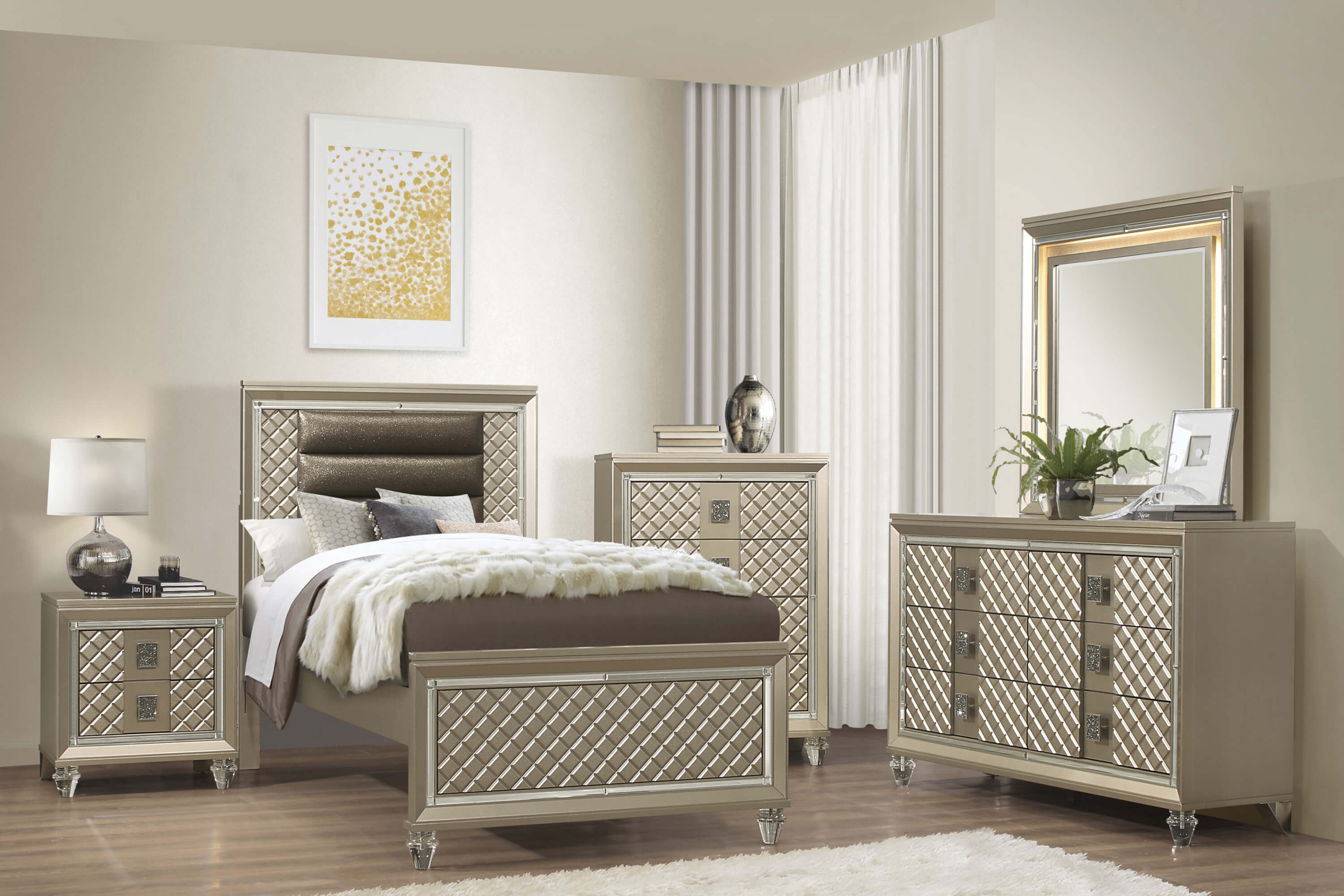 Loudon Leatherette/Mirrored/Wood Platform Bed with LED Lighting