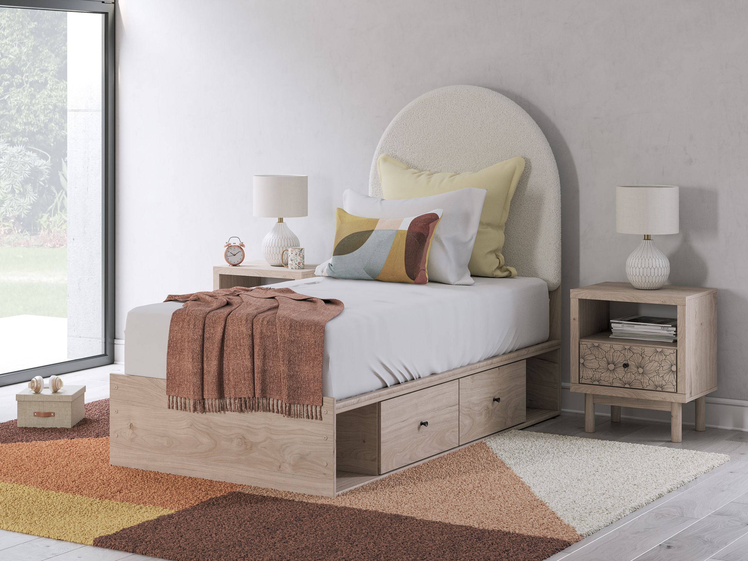 Arloster Fabric/MDF Upholstered Panel Storage Kid's Bed w/2 Drawers