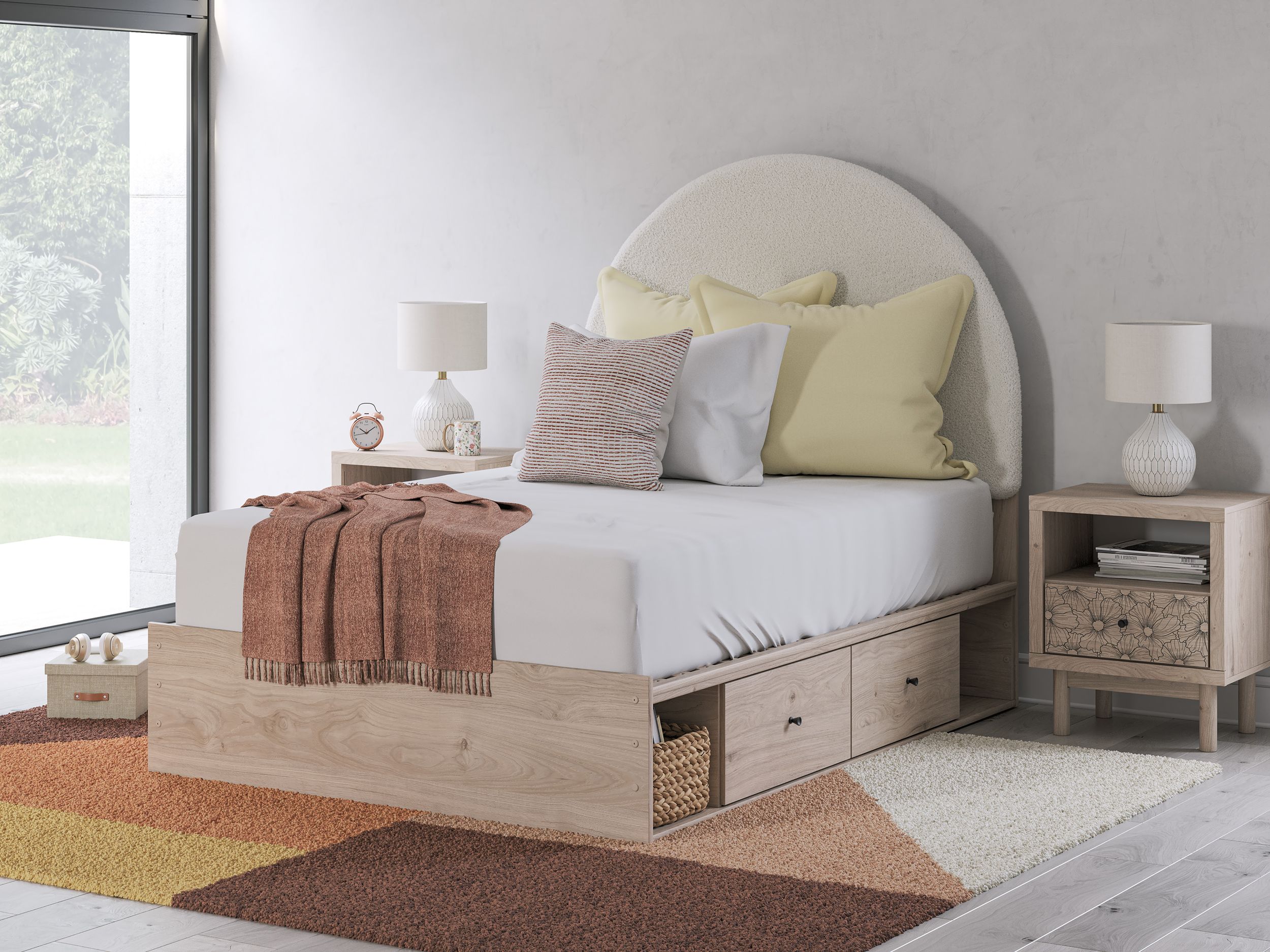 Arloster Fabric/MDF Upholstered Panel Storage Kid's Bed w/4 Drawers, Full Size