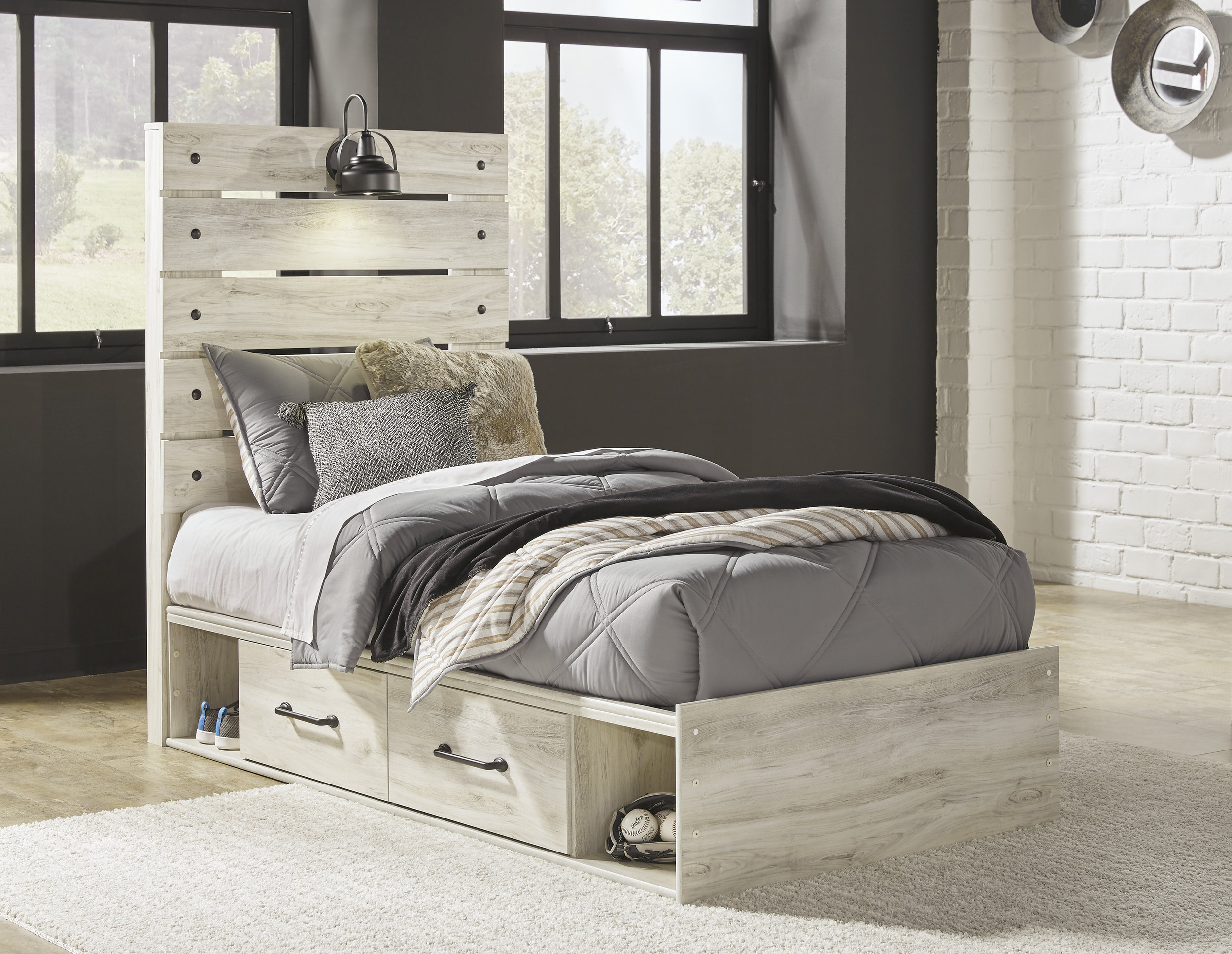 Cambeck MDF/Wood Veneer Panel Bed w/2 Storage Drawers