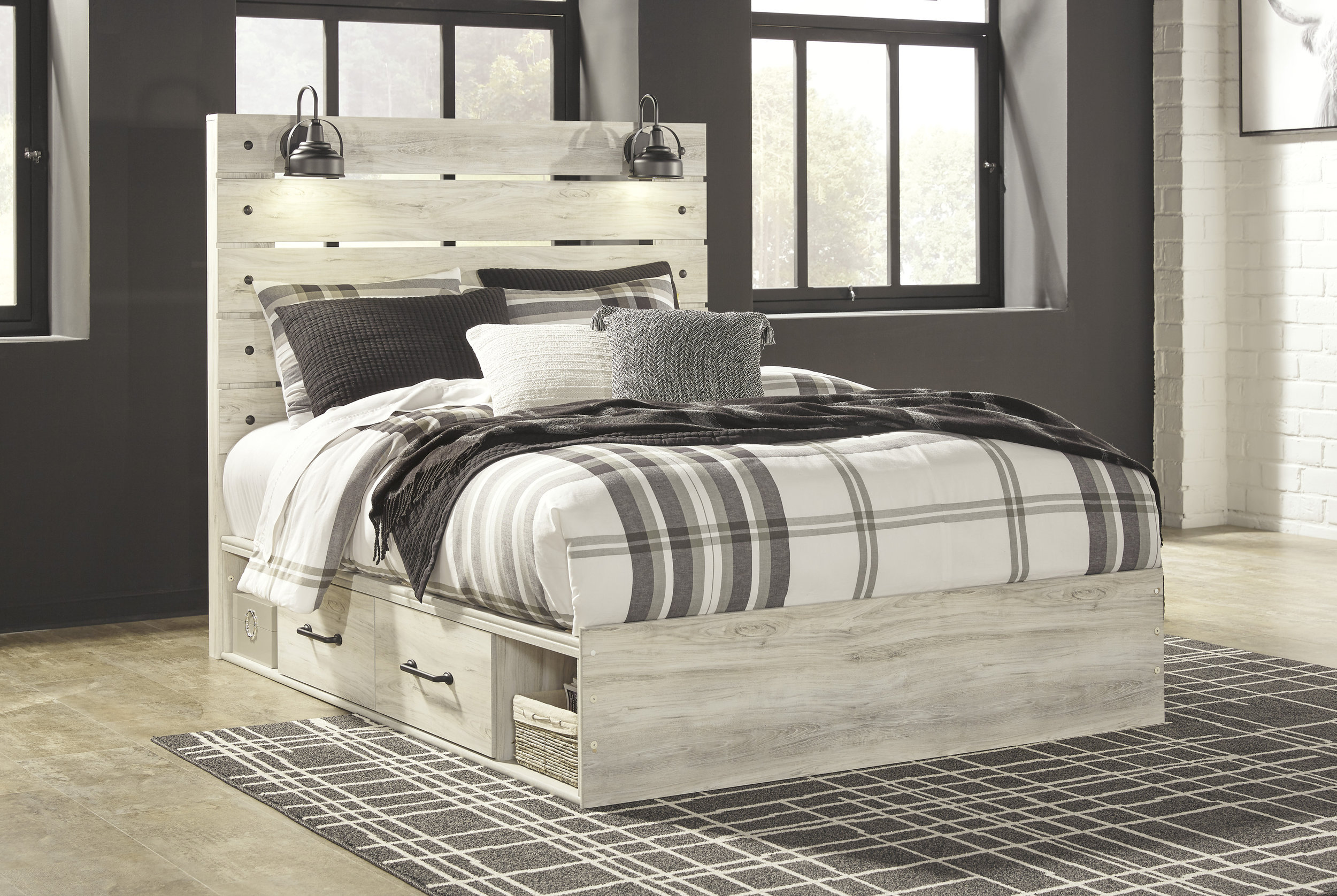 Cambeck MDF/Wood Veneer Panel Bed w/2 Storage Drawers, Queen Size