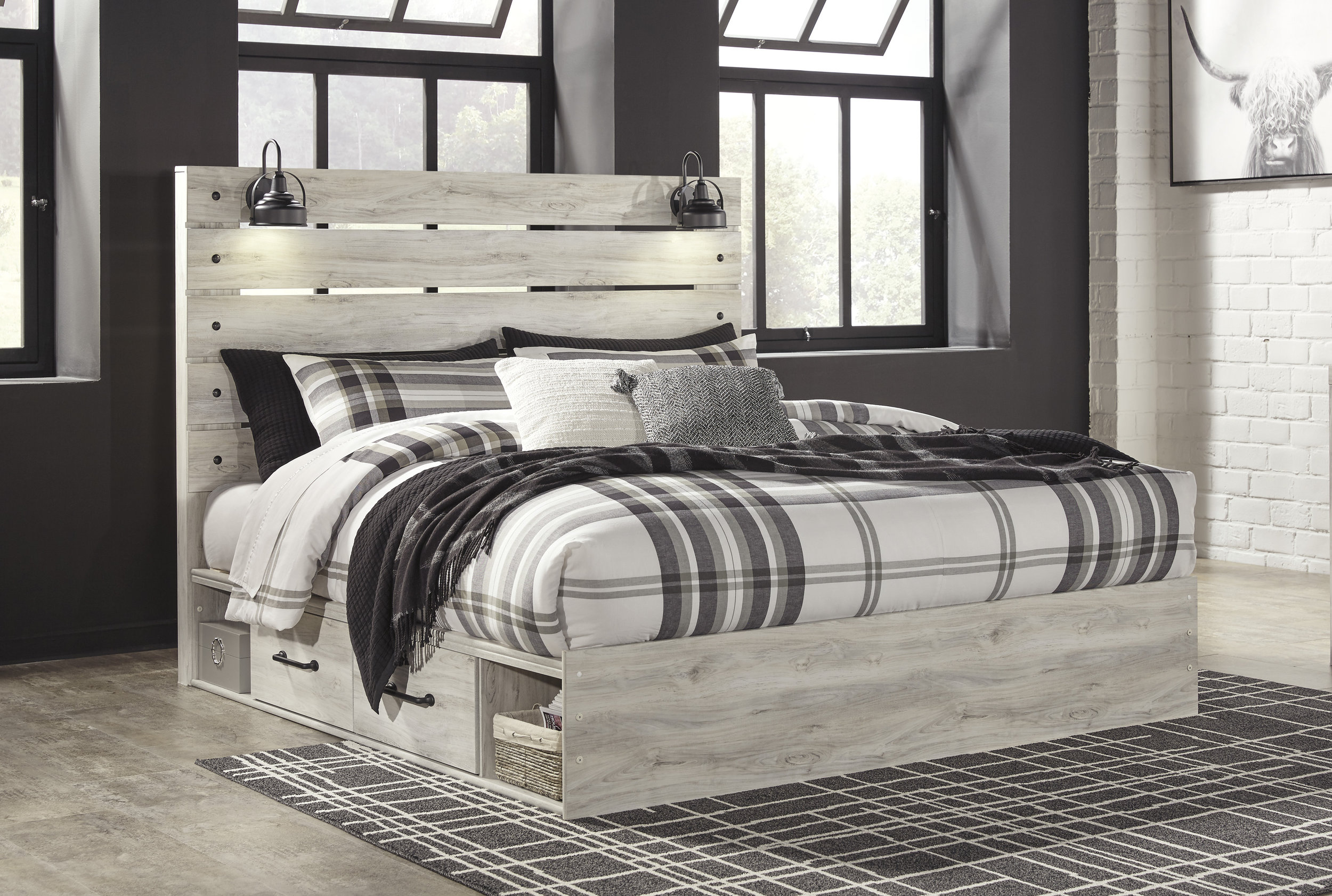 Cambeck MDF/Wood Veneer Panel Bed w/2 Storage Drawers, King Size