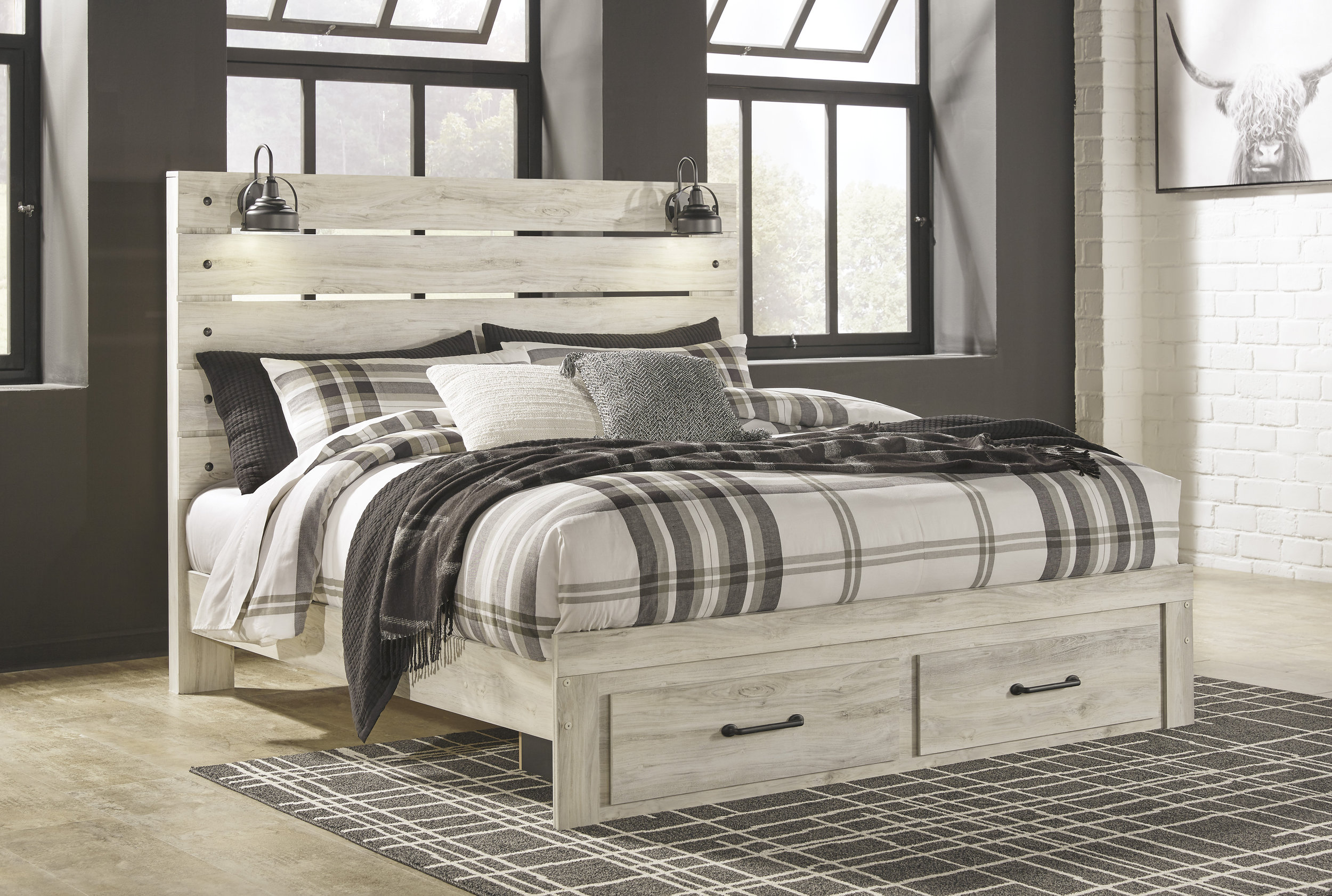 Cambeck MDF/Wood Veneer Panel Bed w/2 Drawers, King Size