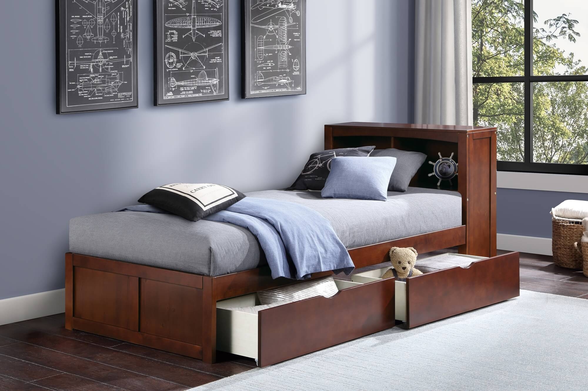 Rowe Wood/Wood Veneer Bookcase Bed w/ Storage Boxes, Twin Size
