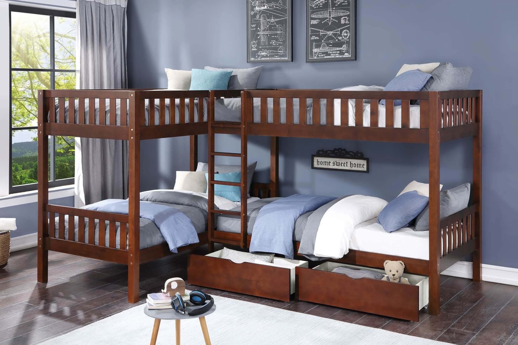 Rowe Wood/Wood Veneer Corner Bunk Bed w/ Storage Boxes
