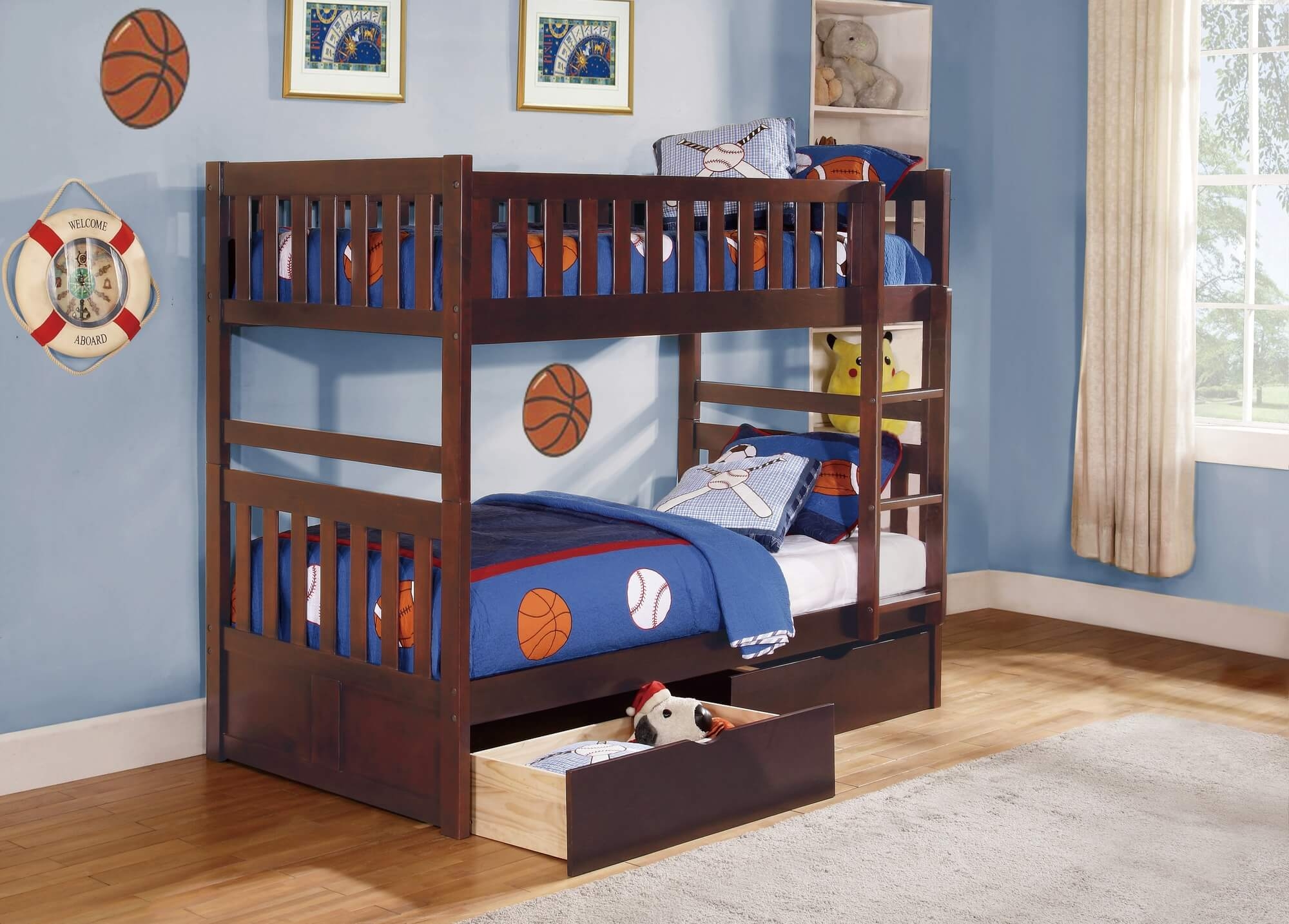 Rowe Wood/Wood Veneer Bunk Bed w/ Storage Boxes, Twin/Twin Size