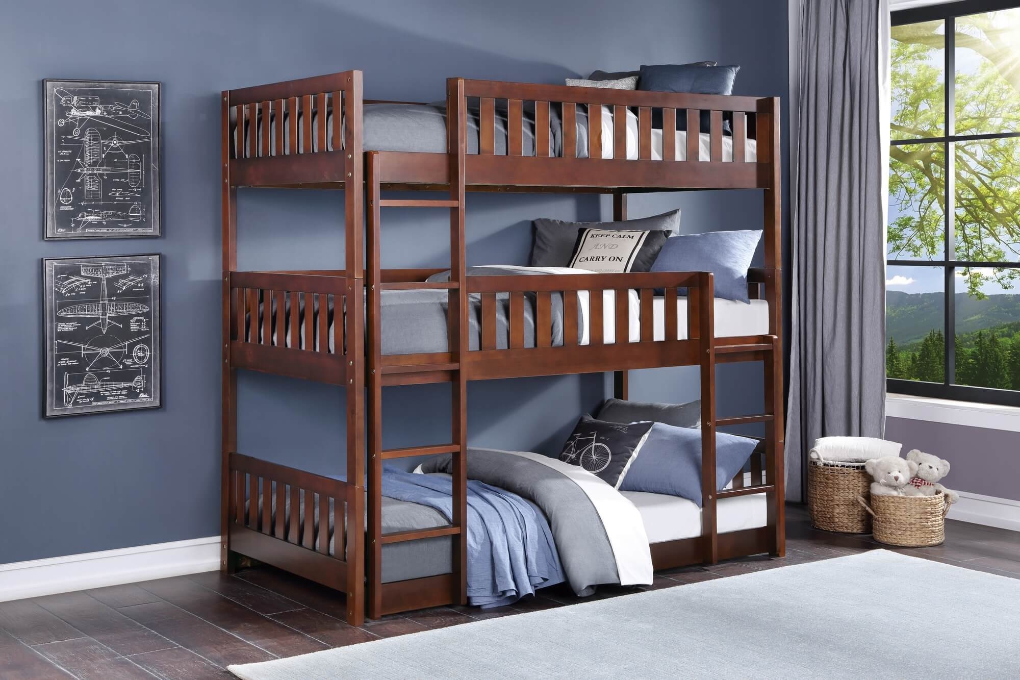 Rowe Wood/Wood Veneer Triple Bunk Bed, Twin/Twin/Twin Size