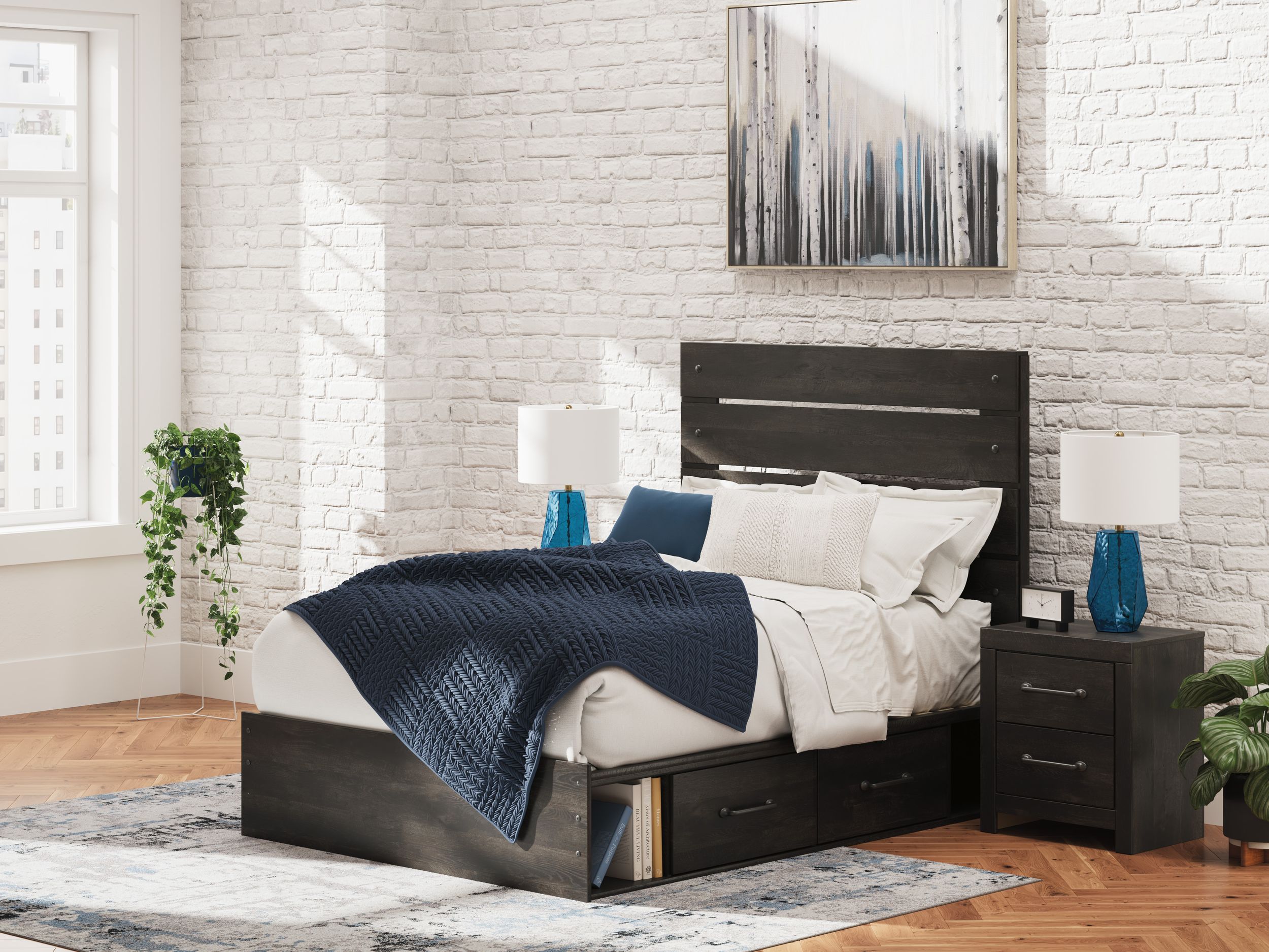 Hollivern MDF Panel Bed w/2 Drawers, Queen Size
