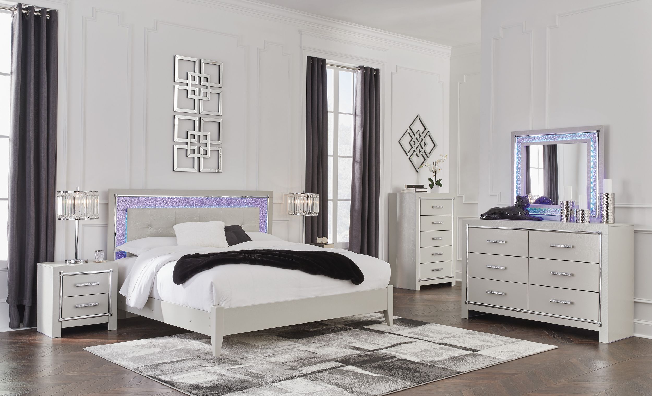 Zyniden Upholstered Panel Bedroom Set w/LED Light