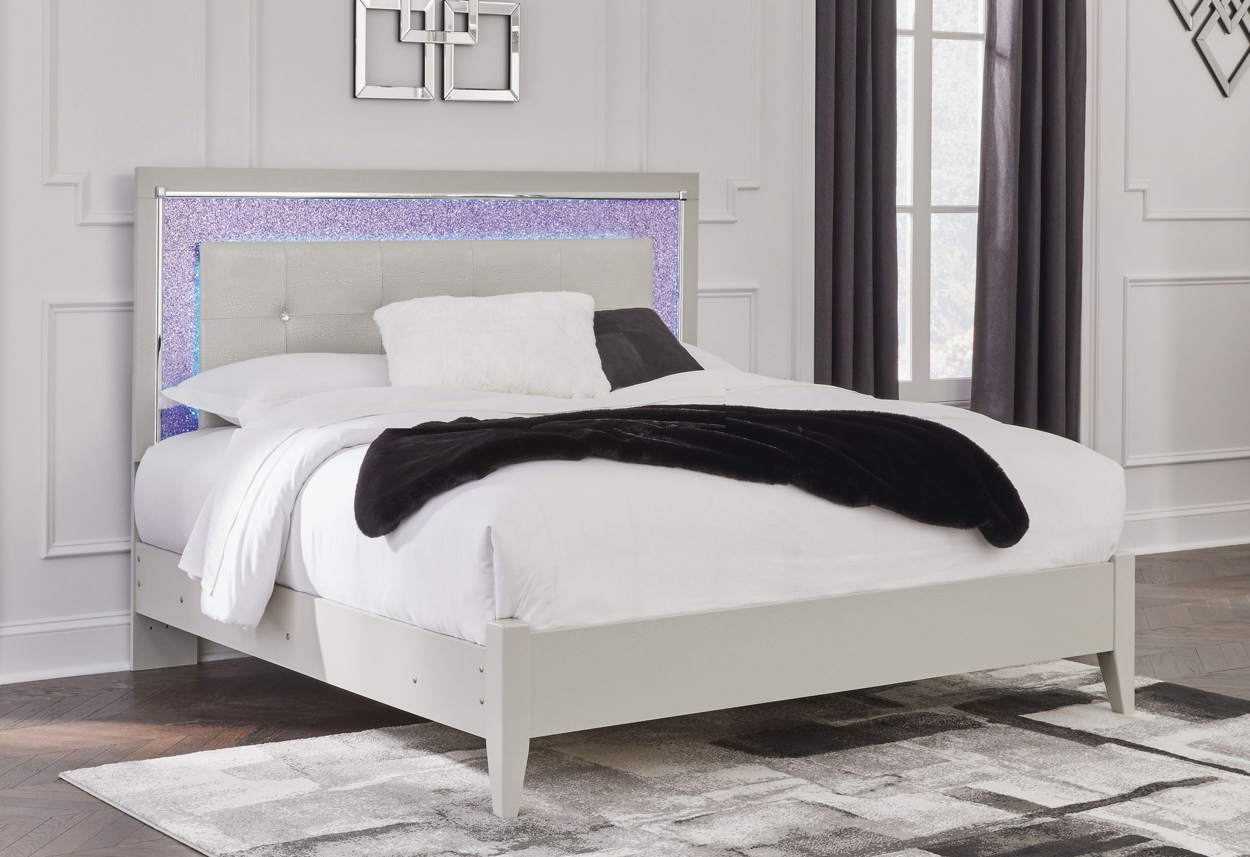 Zyniden Upholstered Panel Bed w/LED Light, Queen Size