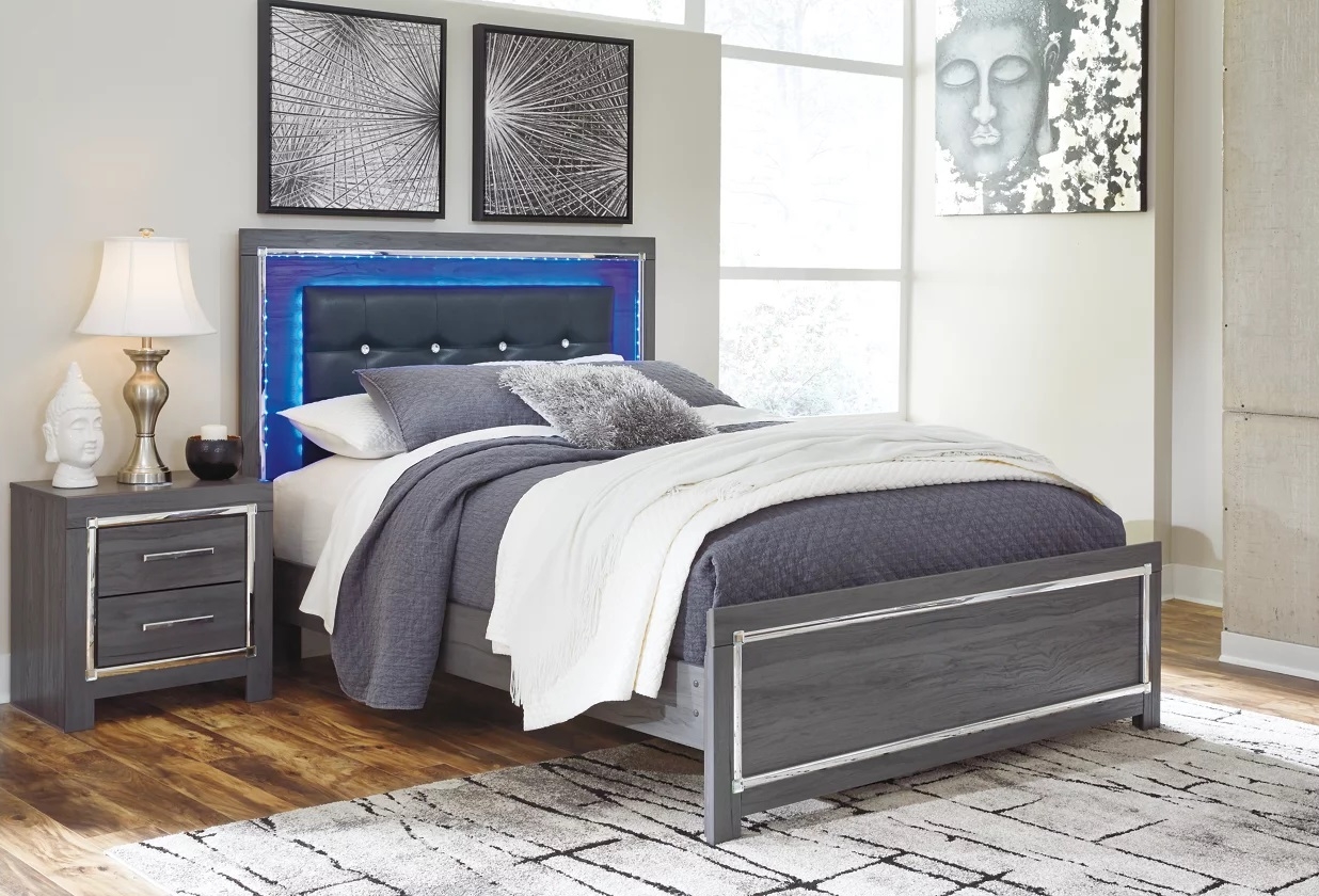 Lodanna Faux Leather/Wood Panel Bed w/LED Lighting