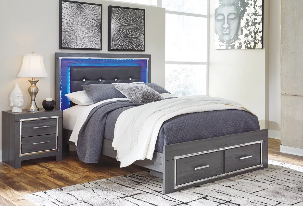 Lodanna Faux Leather/Wood Panel Storage Bed w/LED Lighting
