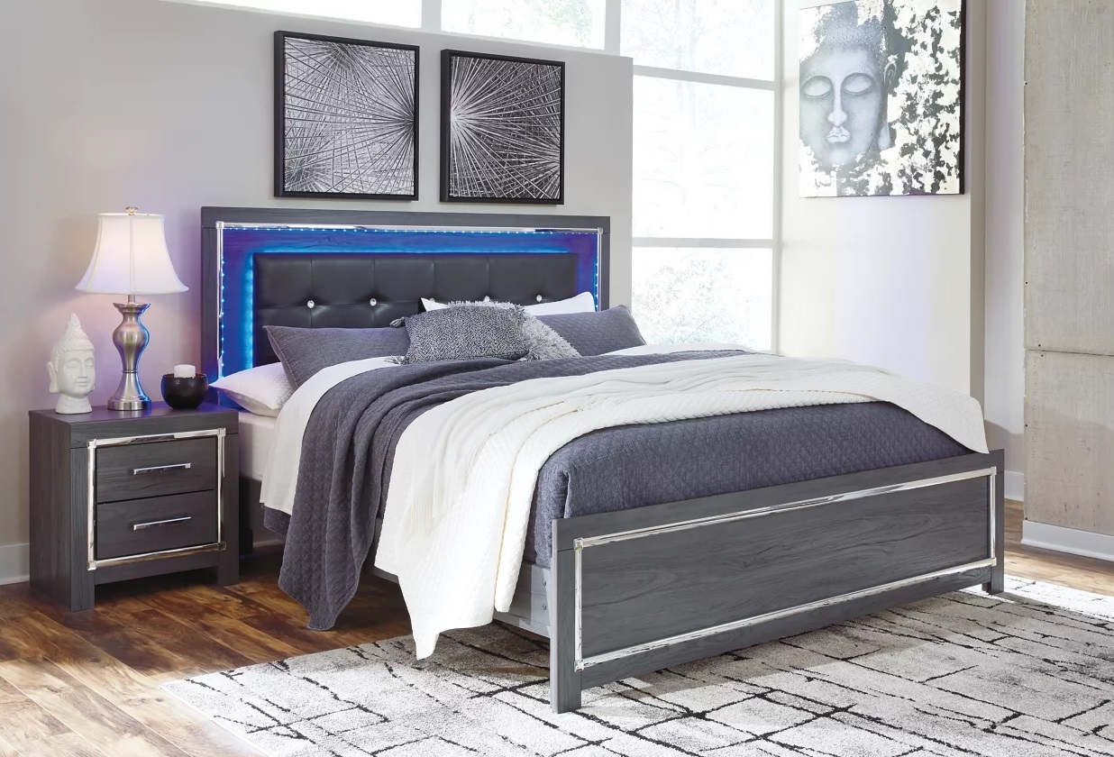 Lodanna Faux Leather/Wood Panel Bed w/LED Lighting, King Size