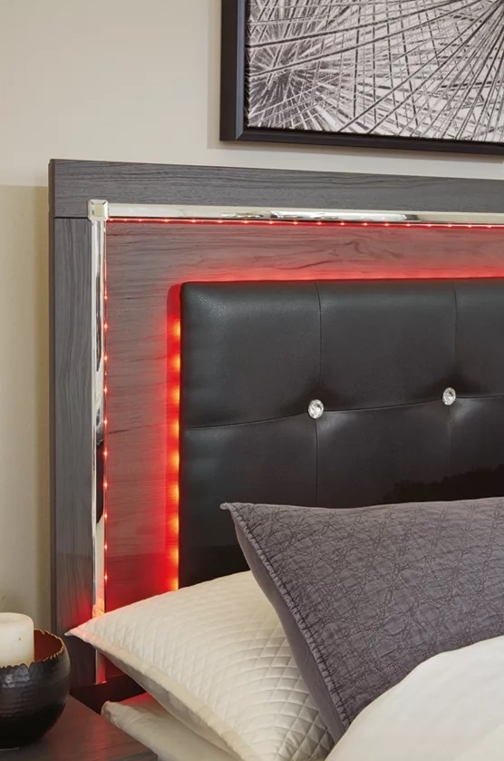 Lodanna Faux Leather/Wood Panel Storage Bed w/LED Lighting, King Size