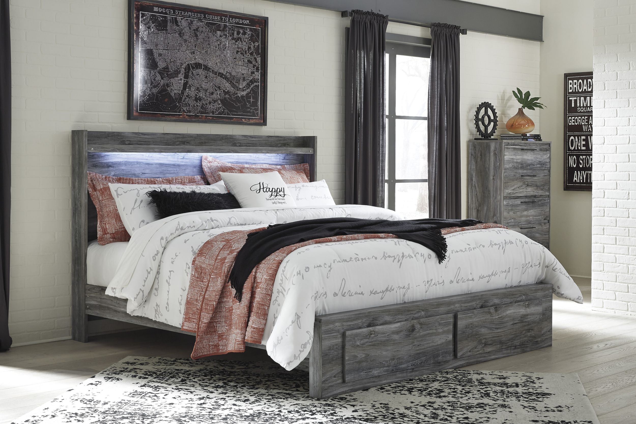 Baystorm MDF/Wood Veneer Panel Bed w/2 Storage Drawers, King Size