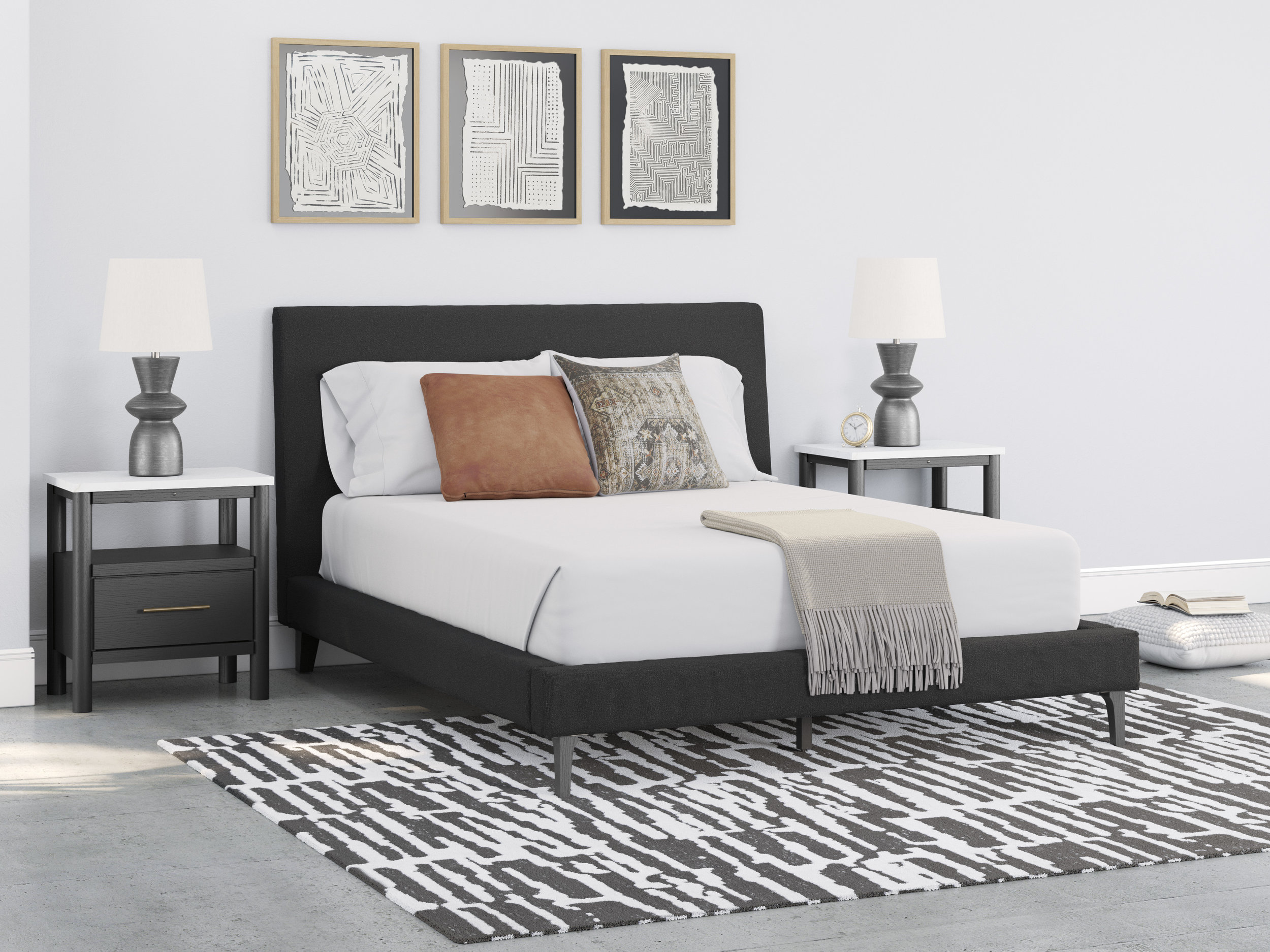 Cadmori Wood/Fabric Upholstered Panel Bed w/Roll Slats