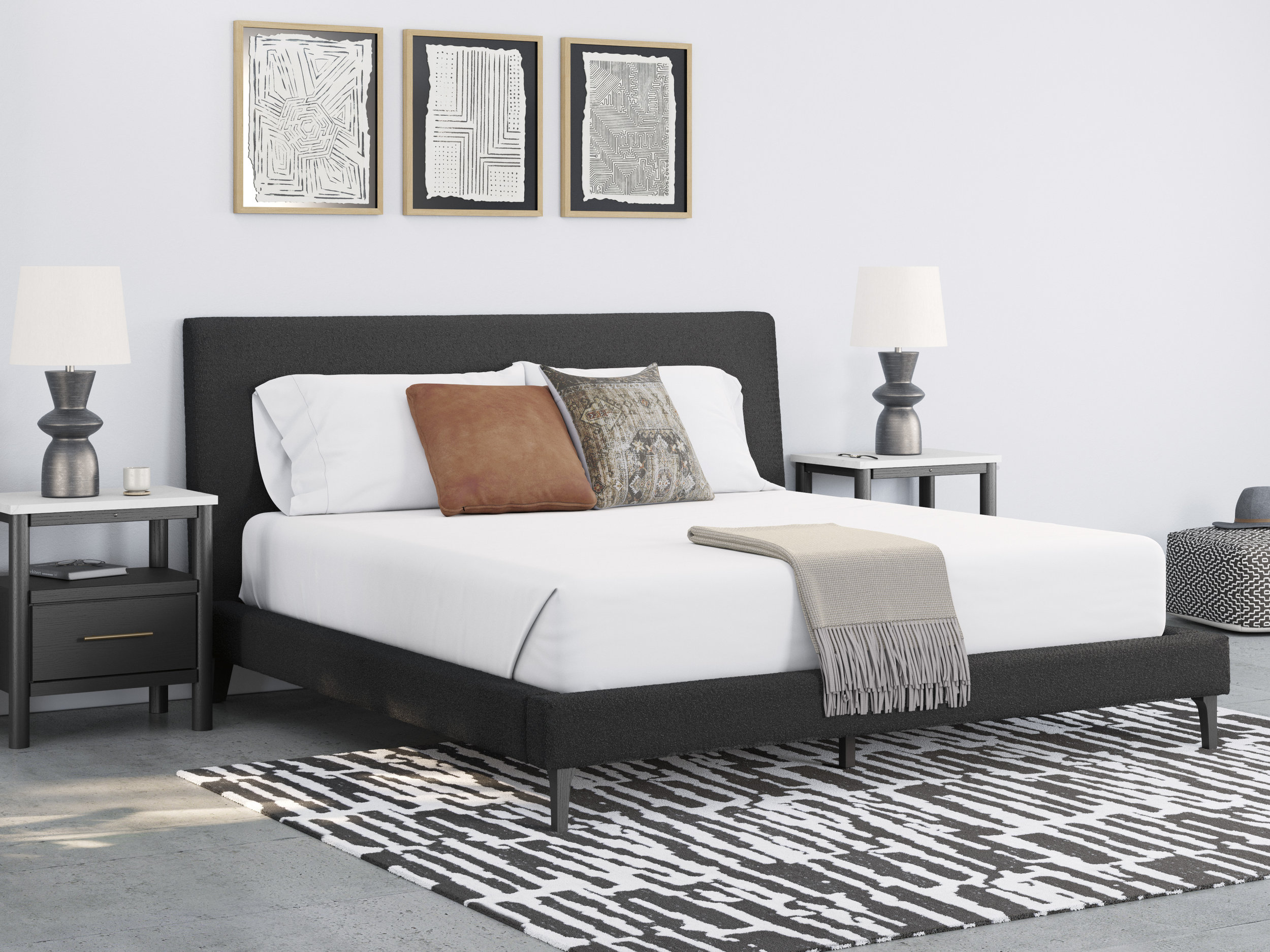 Cadmori Wood/Fabric Upholstered Panel Bed w/Roll Slats, King Size