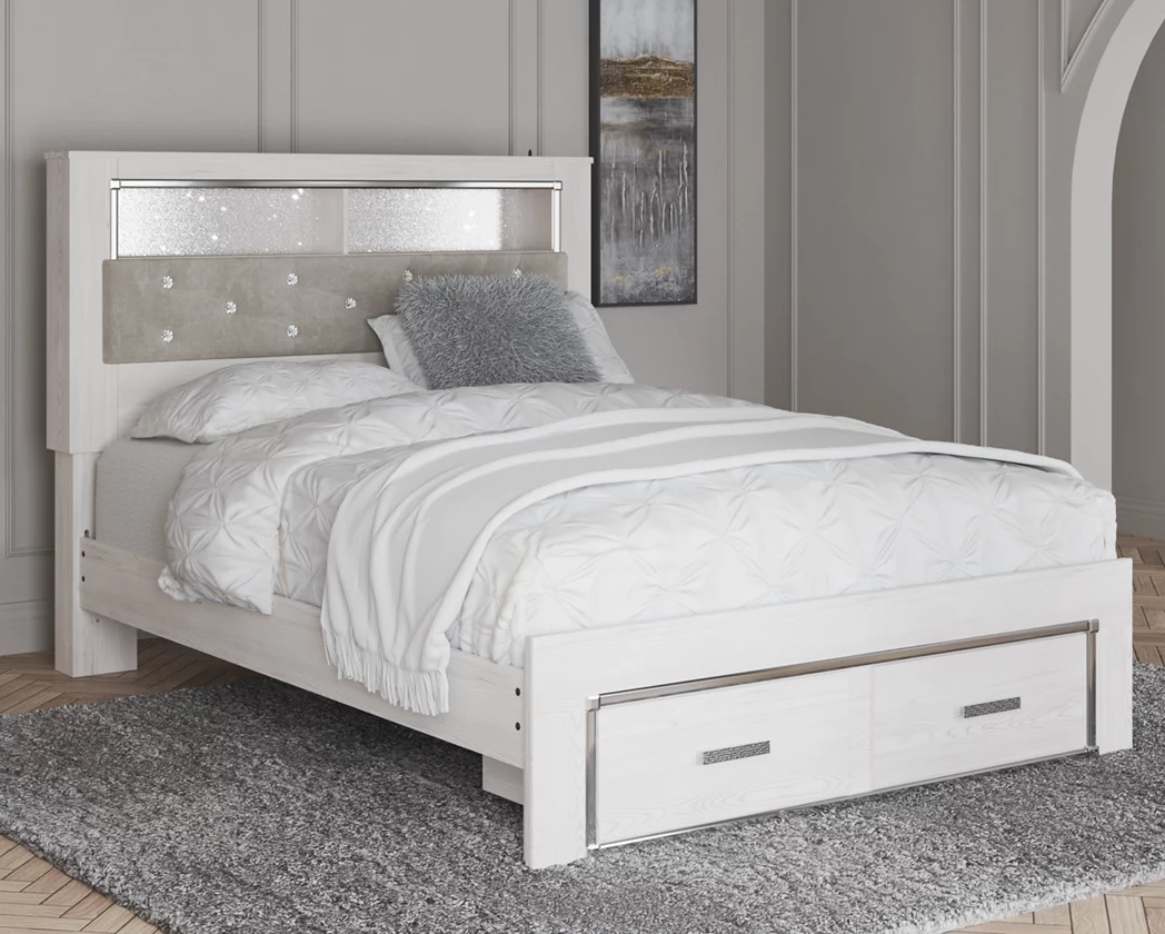 Altyra Wood Panel Bookcase Storage Bedroom Set w/LED Lighting, Queen Size