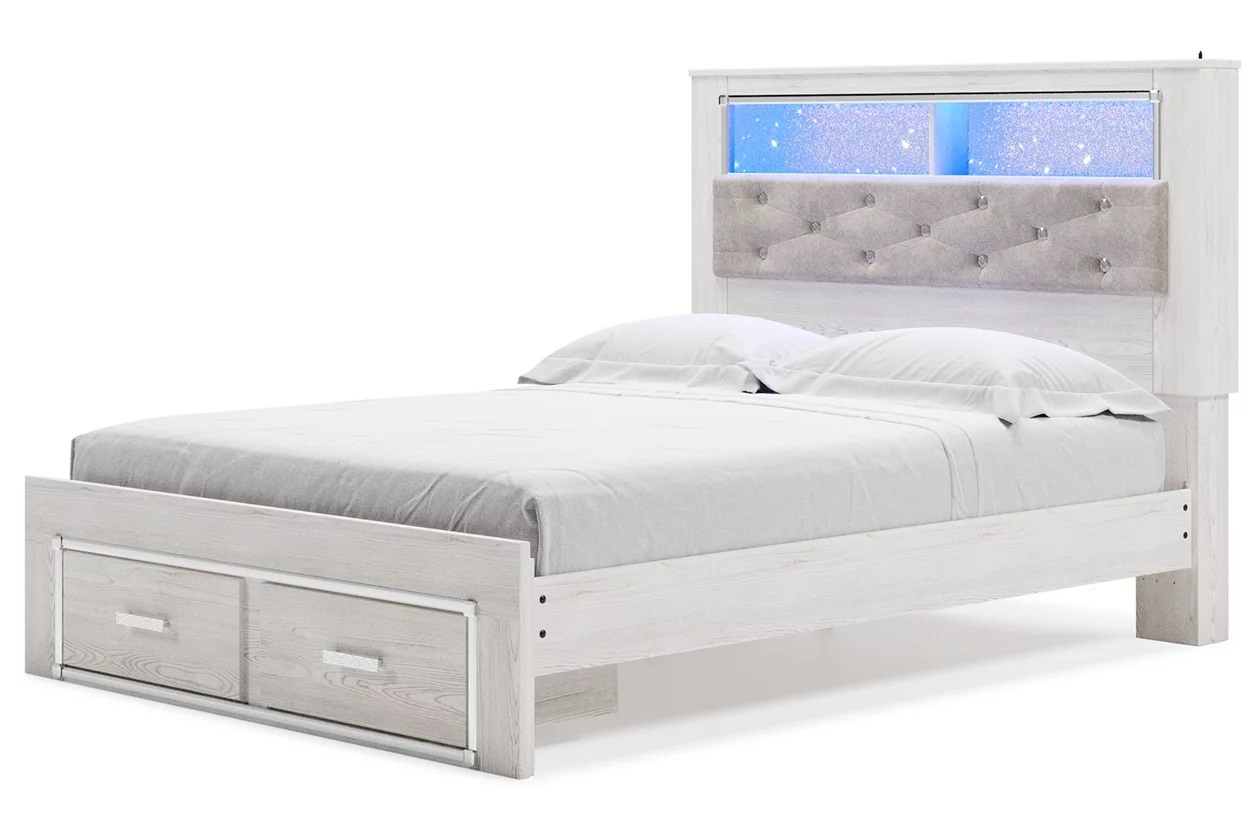 Altyra Wood Panel Bookcase Storage Bedroom Set w/LED Lighting, Queen Size