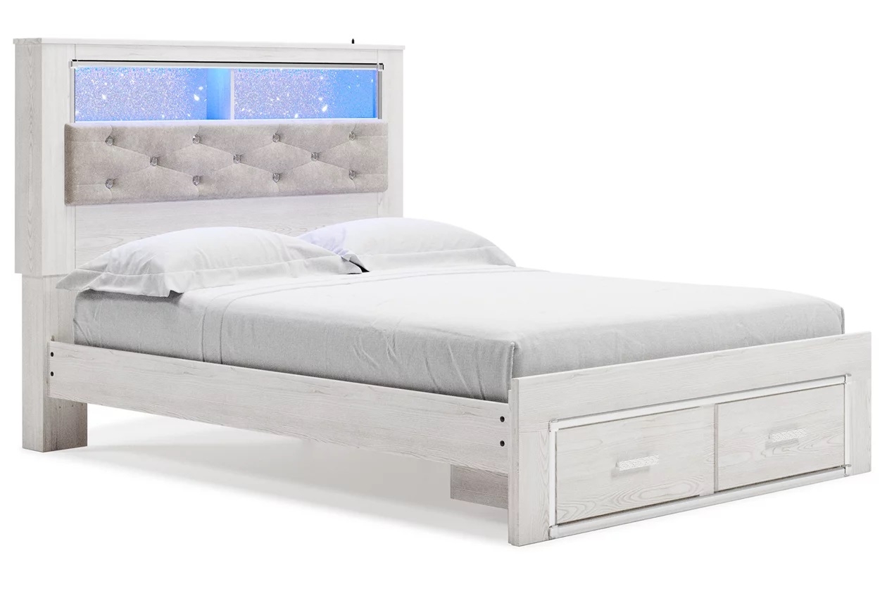 Altyra Wood Panel Bookcase Storage Bedroom Set w/LED Lighting, Queen Size