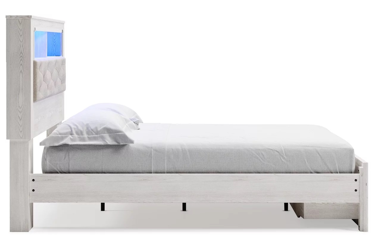Altyra Wood Storage Panel Bed w/LED Bookcase Headboard, Queen Size