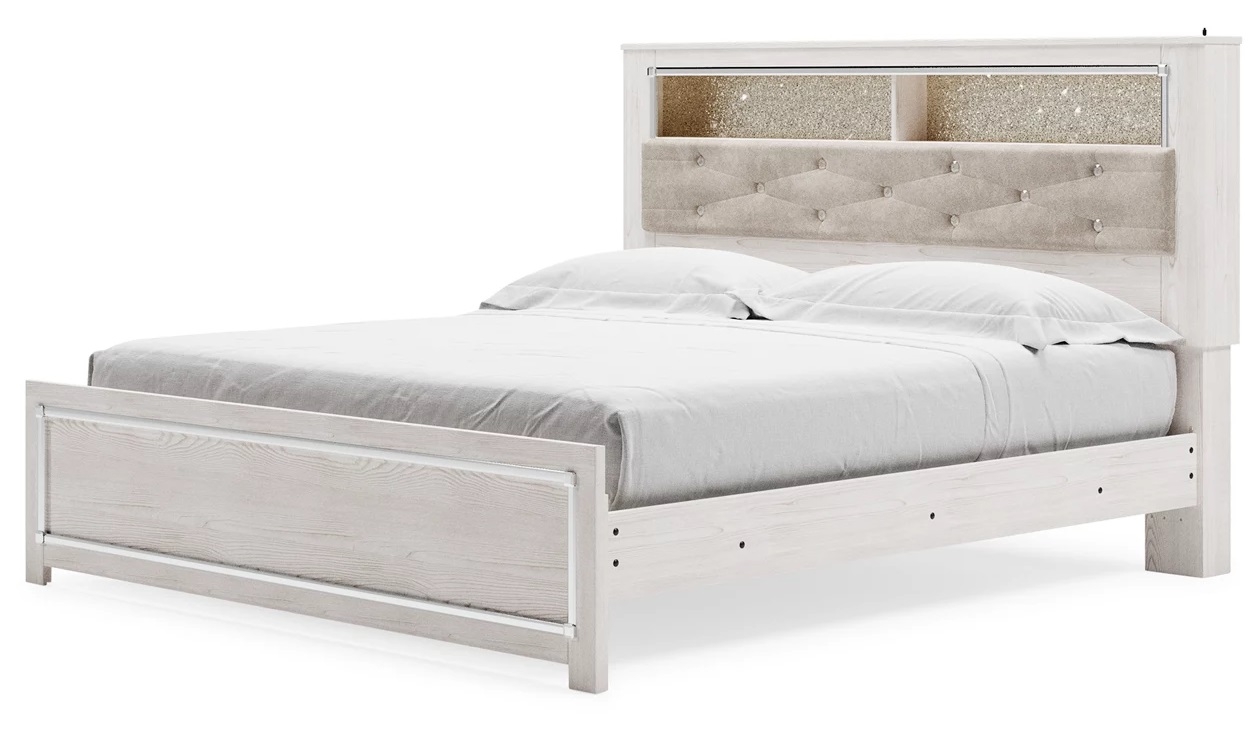 Altyra Wood Panel Bookcase Bedroom Set w/LED Lighting, Queen Size