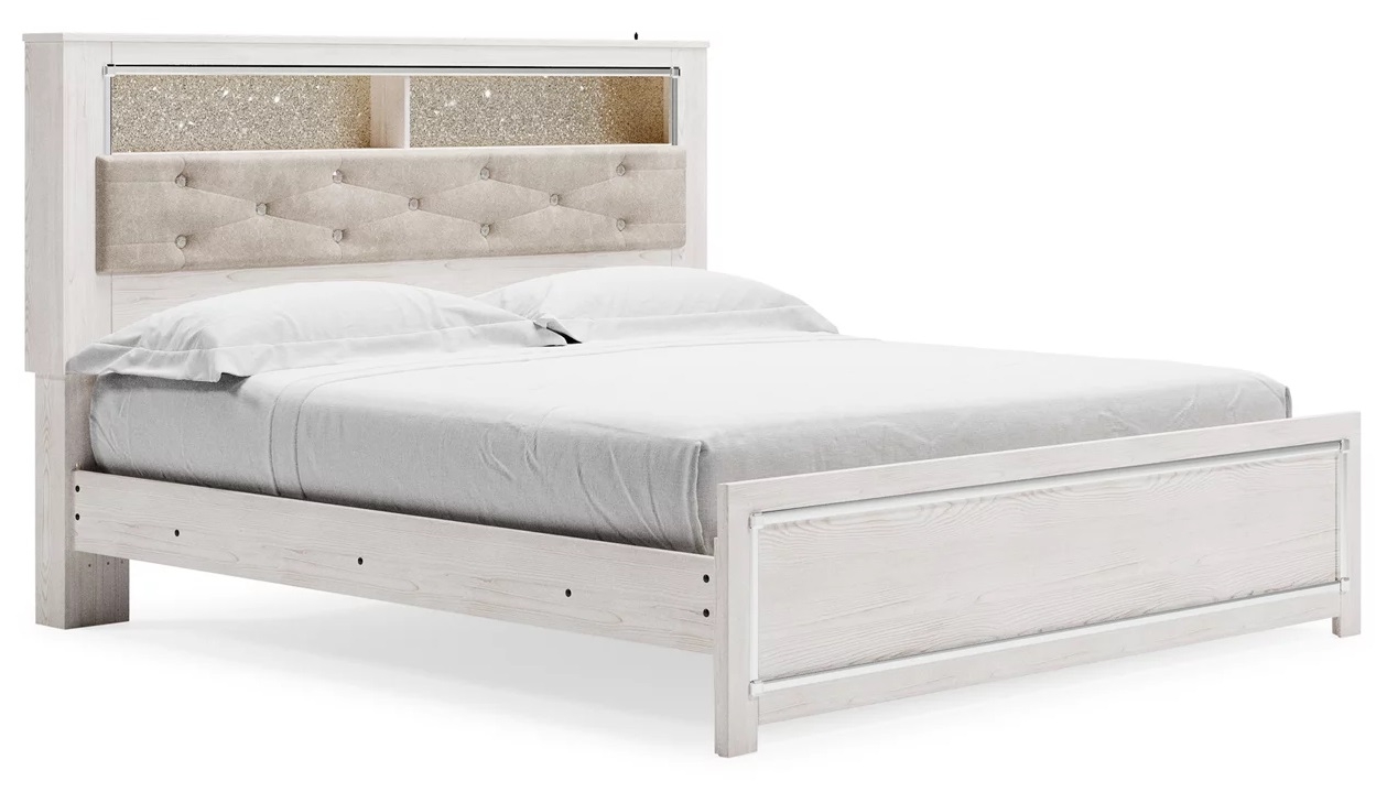 Altyra Wood Panel Bookcase Bedroom Set w/LED Lighting, Queen Size