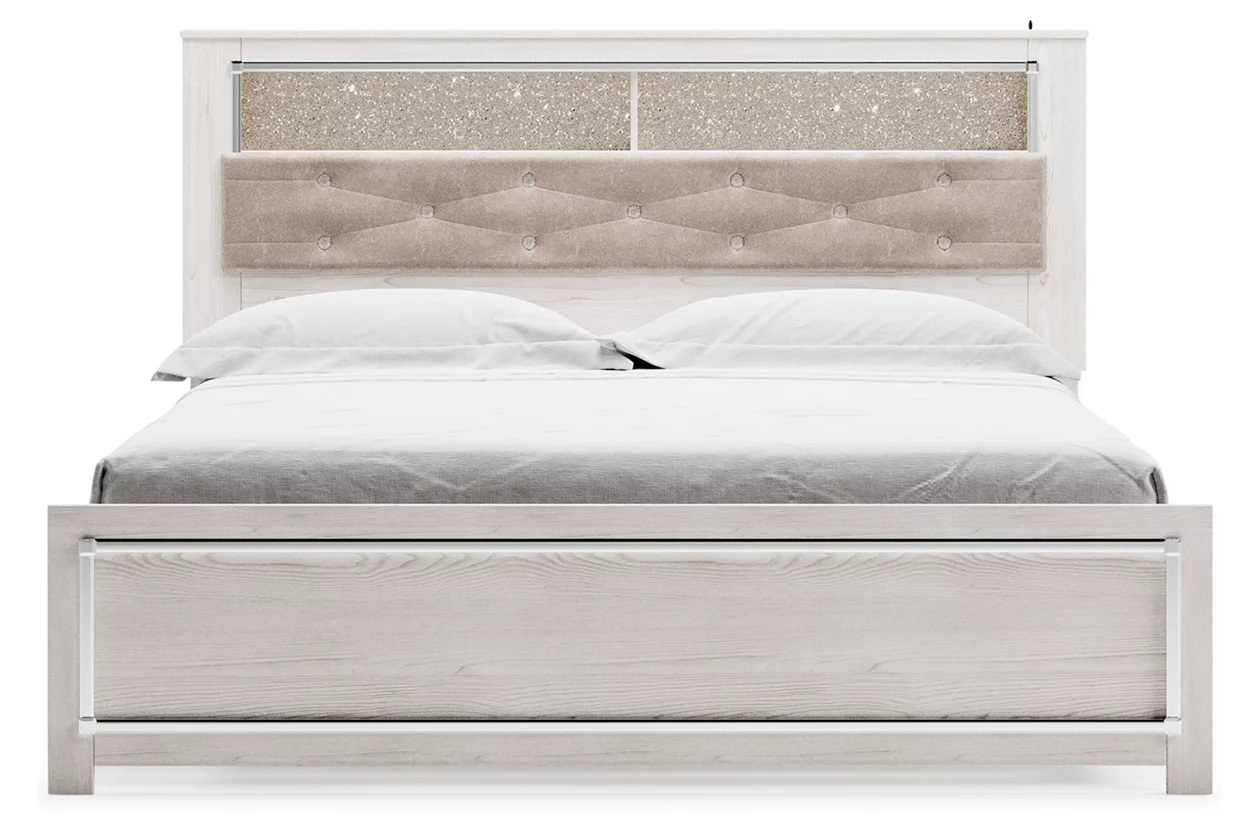 Altyra Wood Panel Bed w/LED Bookcase Headboard, Queen Size