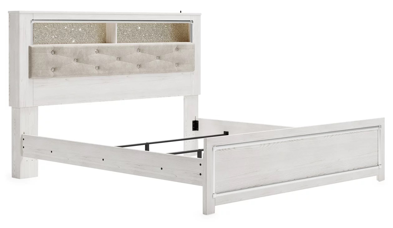 Altyra Wood Panel Bed w/LED Bookcase Headboard, Queen Size