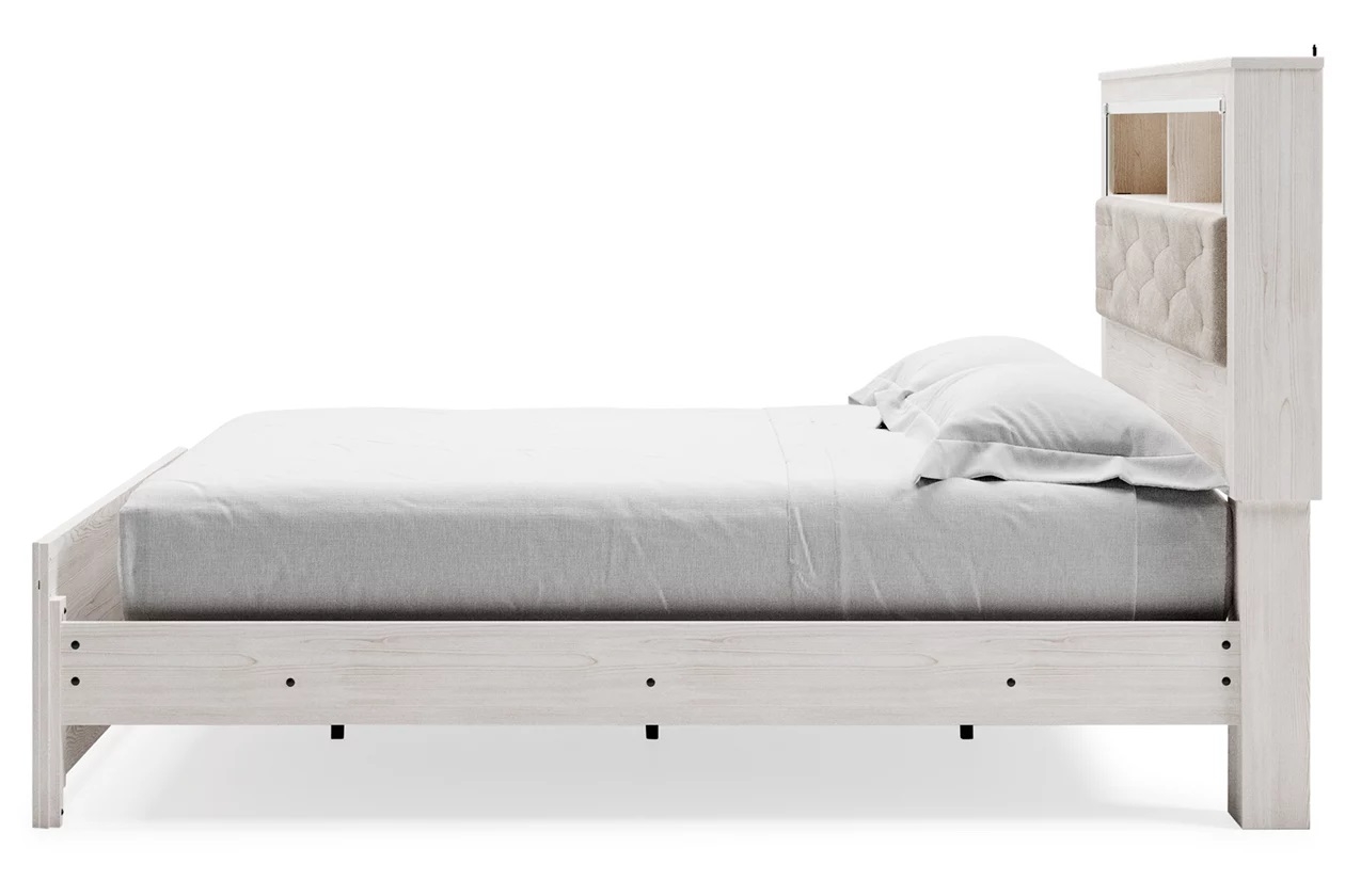 Altyra Wood Panel Bed w/LED Bookcase Headboard, Queen Size