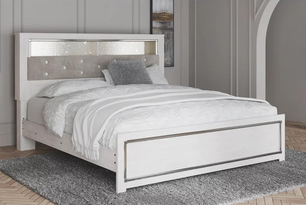 Altyra Wood Panel Bookcase Bedroom Set w/LED Lighting, Queen Size