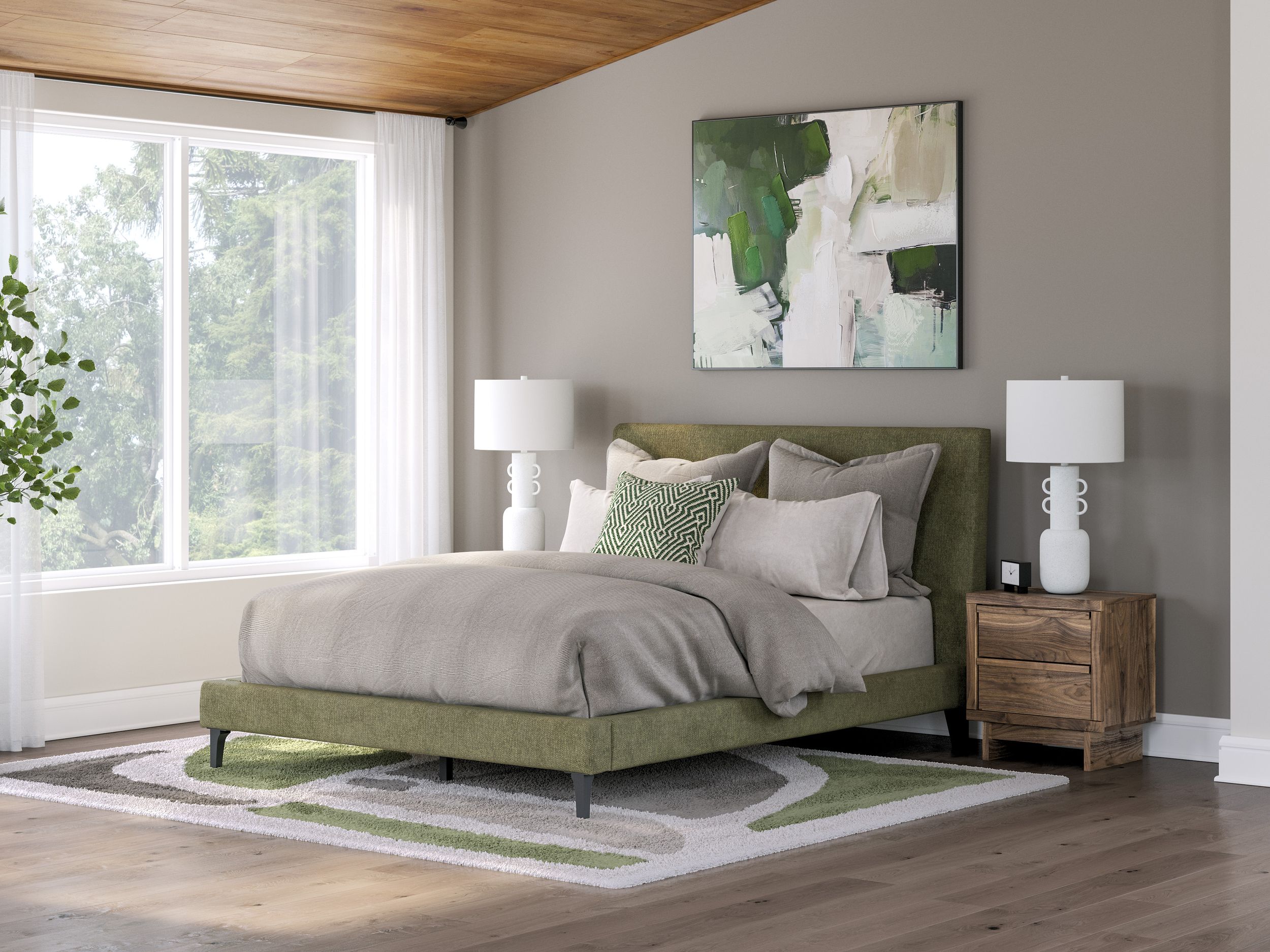 Chirason Upholstered Panel Bed w/Roll Slats, Queen Size