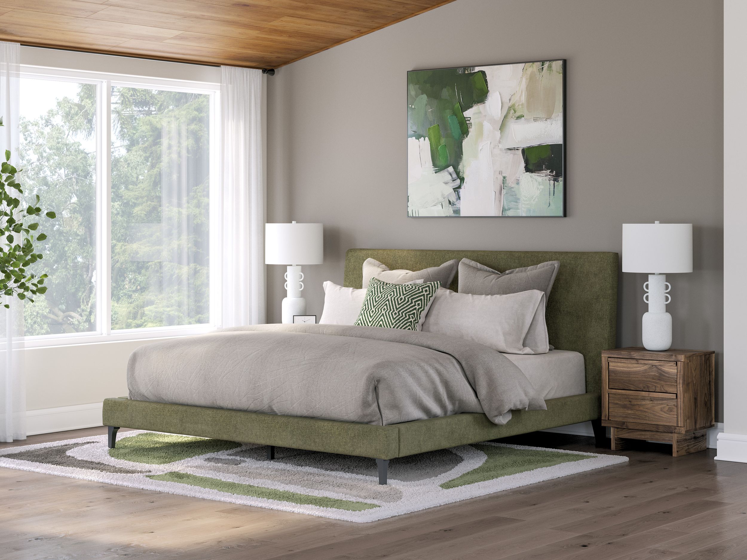 Chirason Upholstered Panel Bed w/Roll Slats, King Size