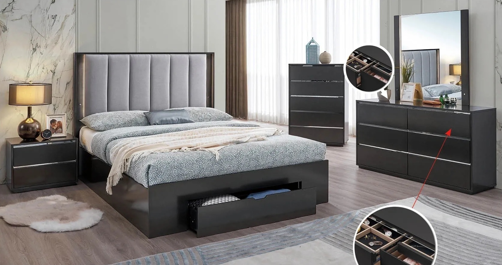 B36 Storage Platform Bedroom Set with Soft Headboard